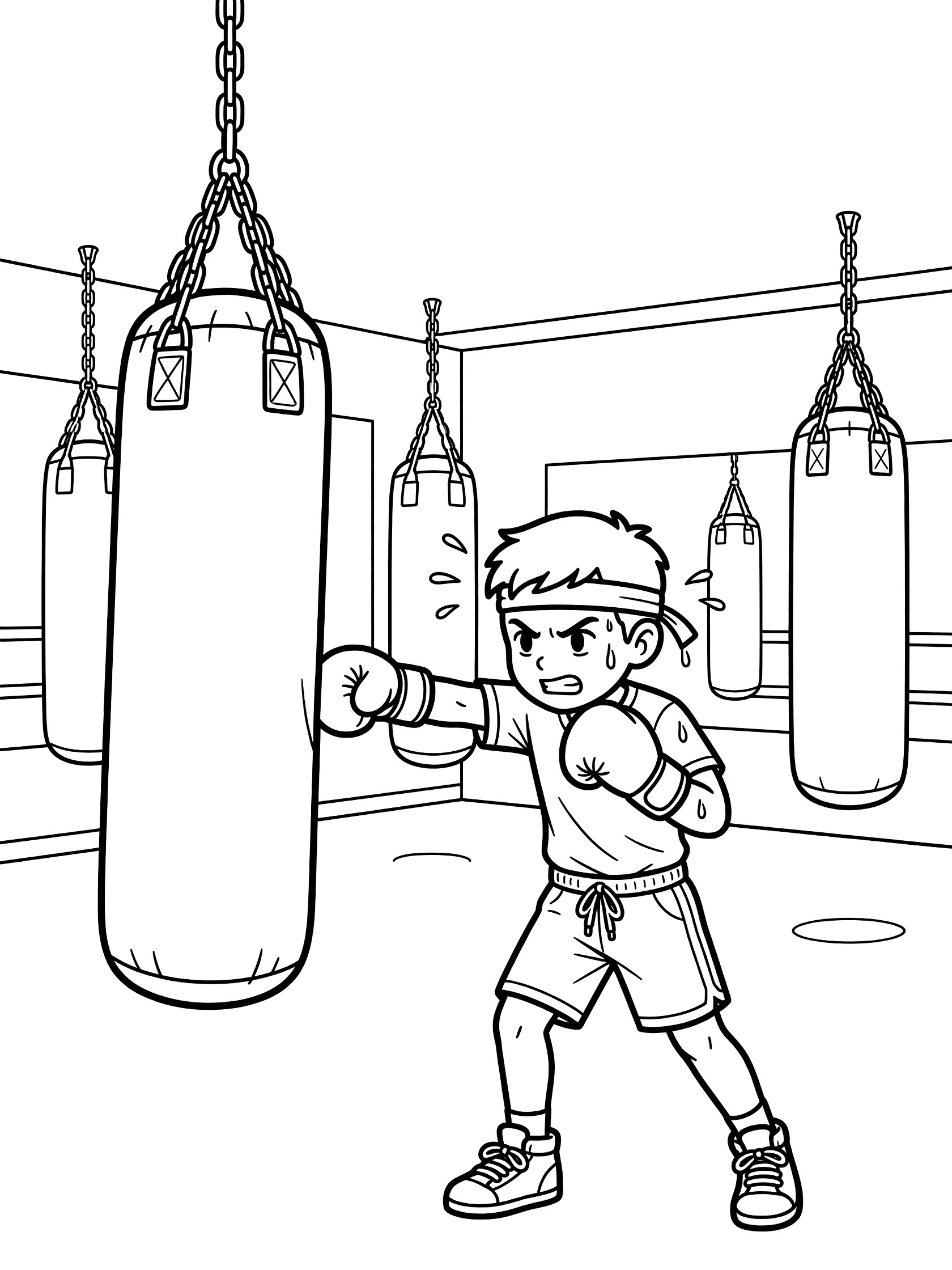 Kid-friendly line art of a focused boxer delivering a punch to a heavy bag, with sweatband, sneakers, and gym punching bags in the background.