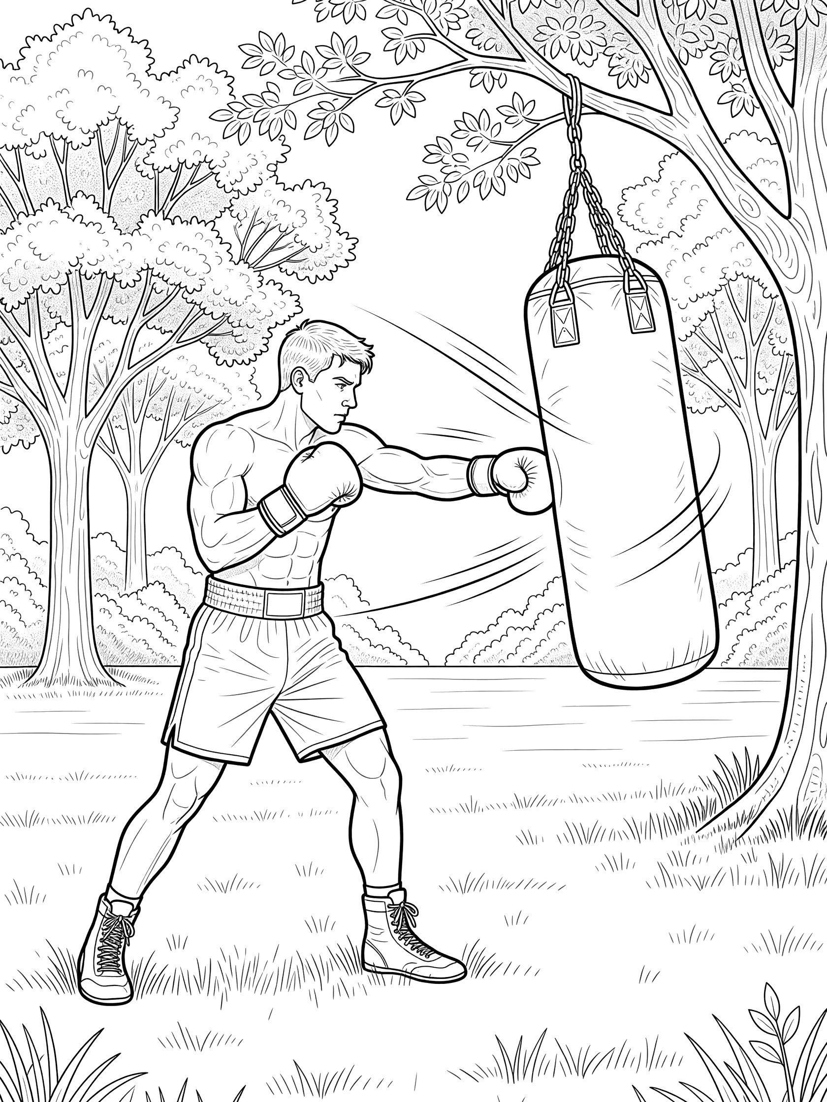 Black and white line art of muscular boxer in shorts and gloves punching a heavy hanging punching bag that swings with curved trails, set in grassy park with trees.