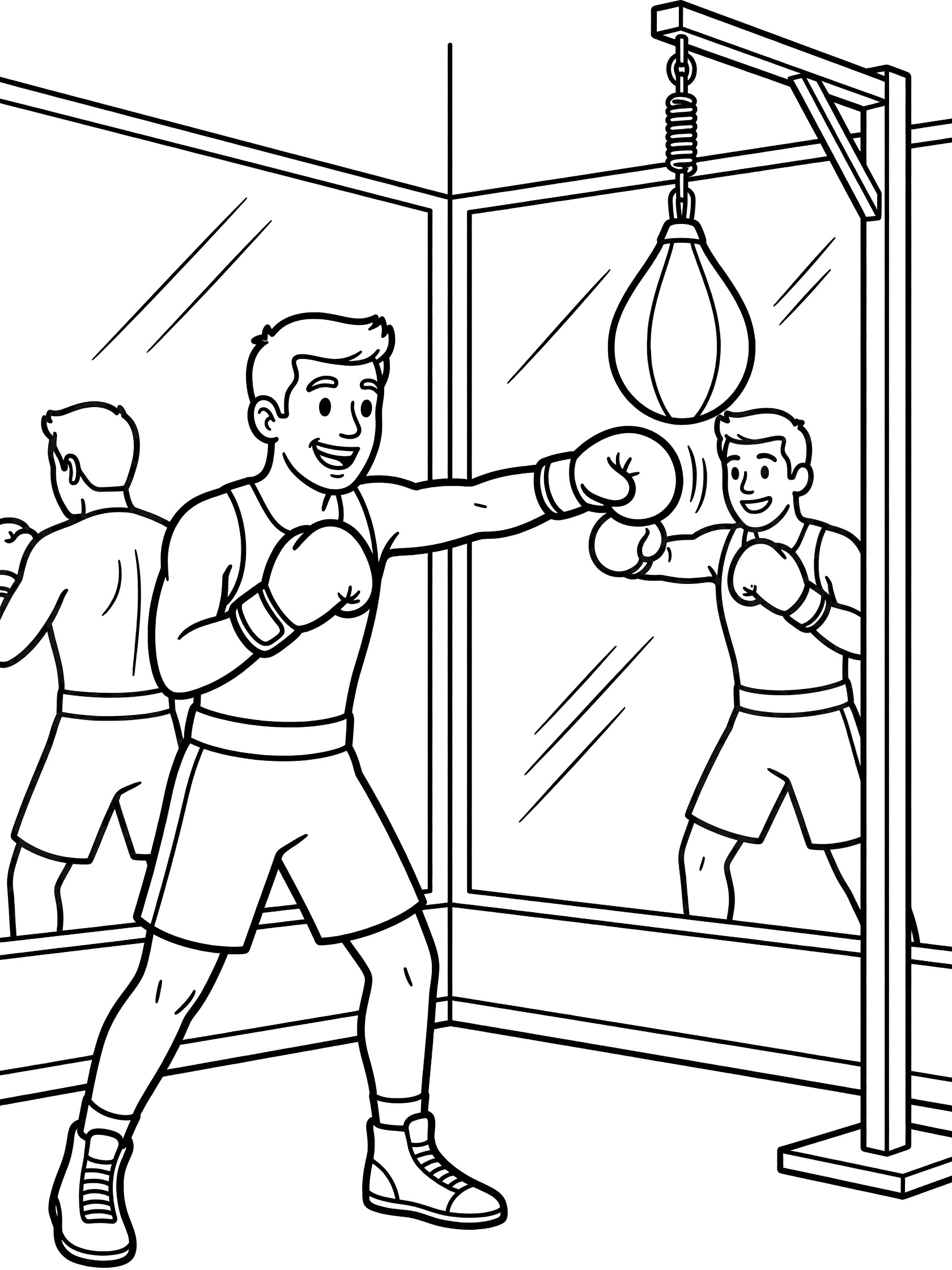 Black and white coloring page of a smiling boxer hitting a speed bag on its stand, with his reflection in the gym mirror wall.