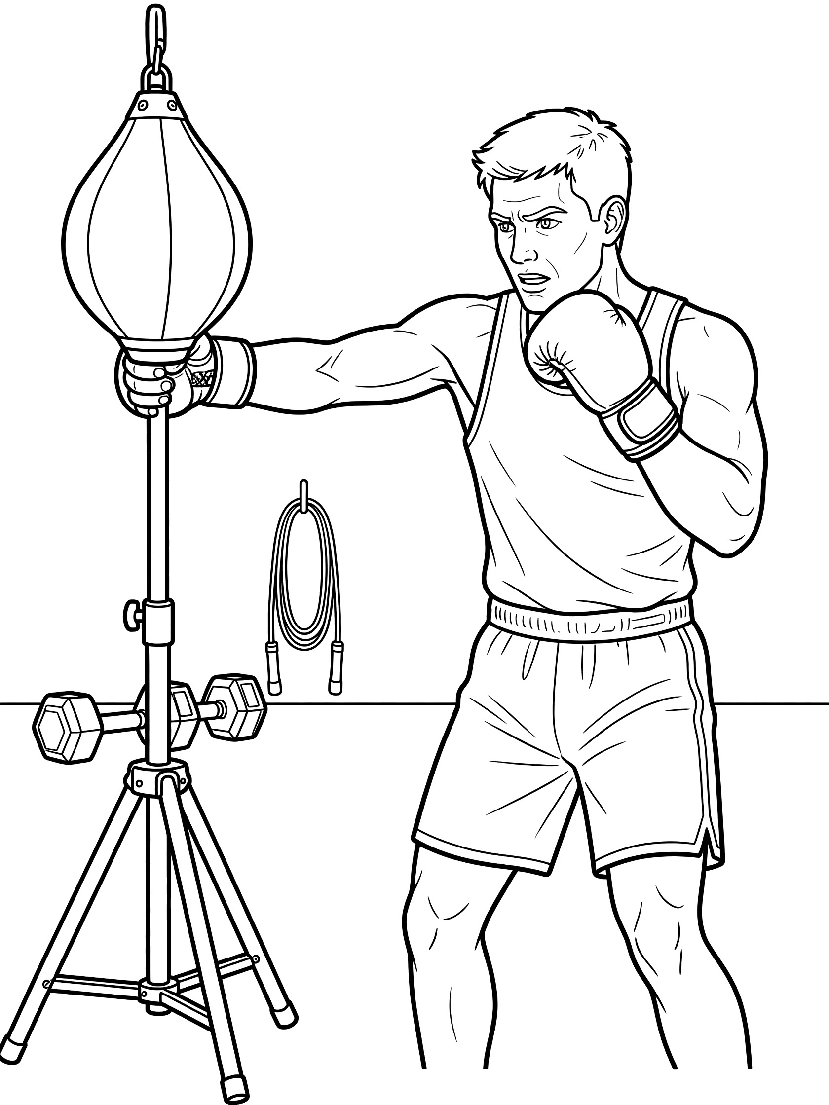 Line drawing of muscular boxer with gloves throwing a punch at a speed bag on a portable stand in home workout corner with dumbbells and jump rope nearby.