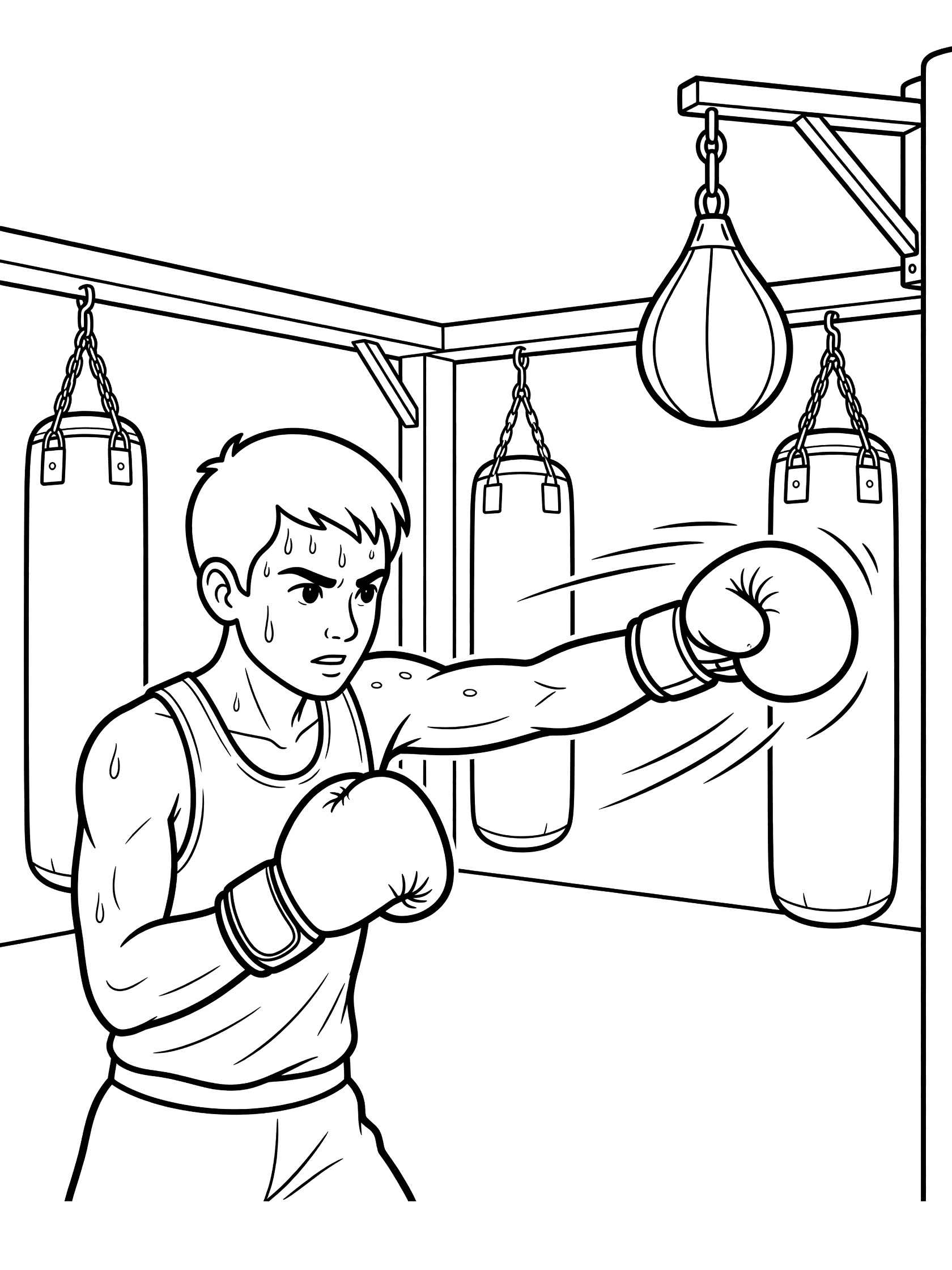 Determined young boxer with gloves punching a small speed bag on a swivel in a boxing gym coloring page