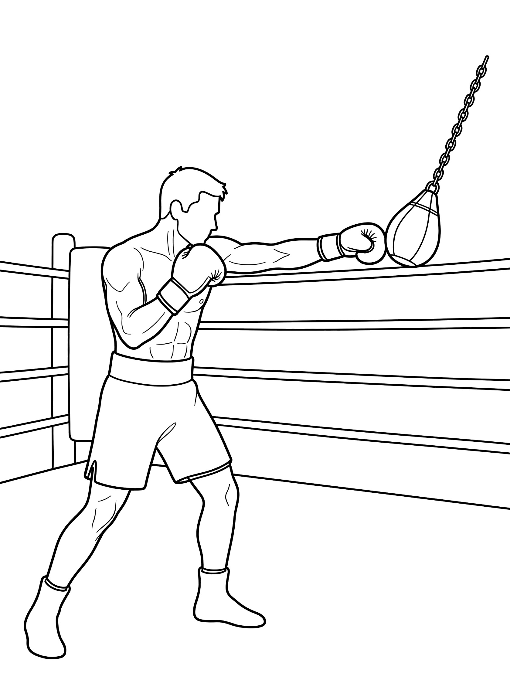 Black and white coloring page of muscular boxer in shorts and gloves hitting speed bag with left and right punches in boxing ring corner with ropes.