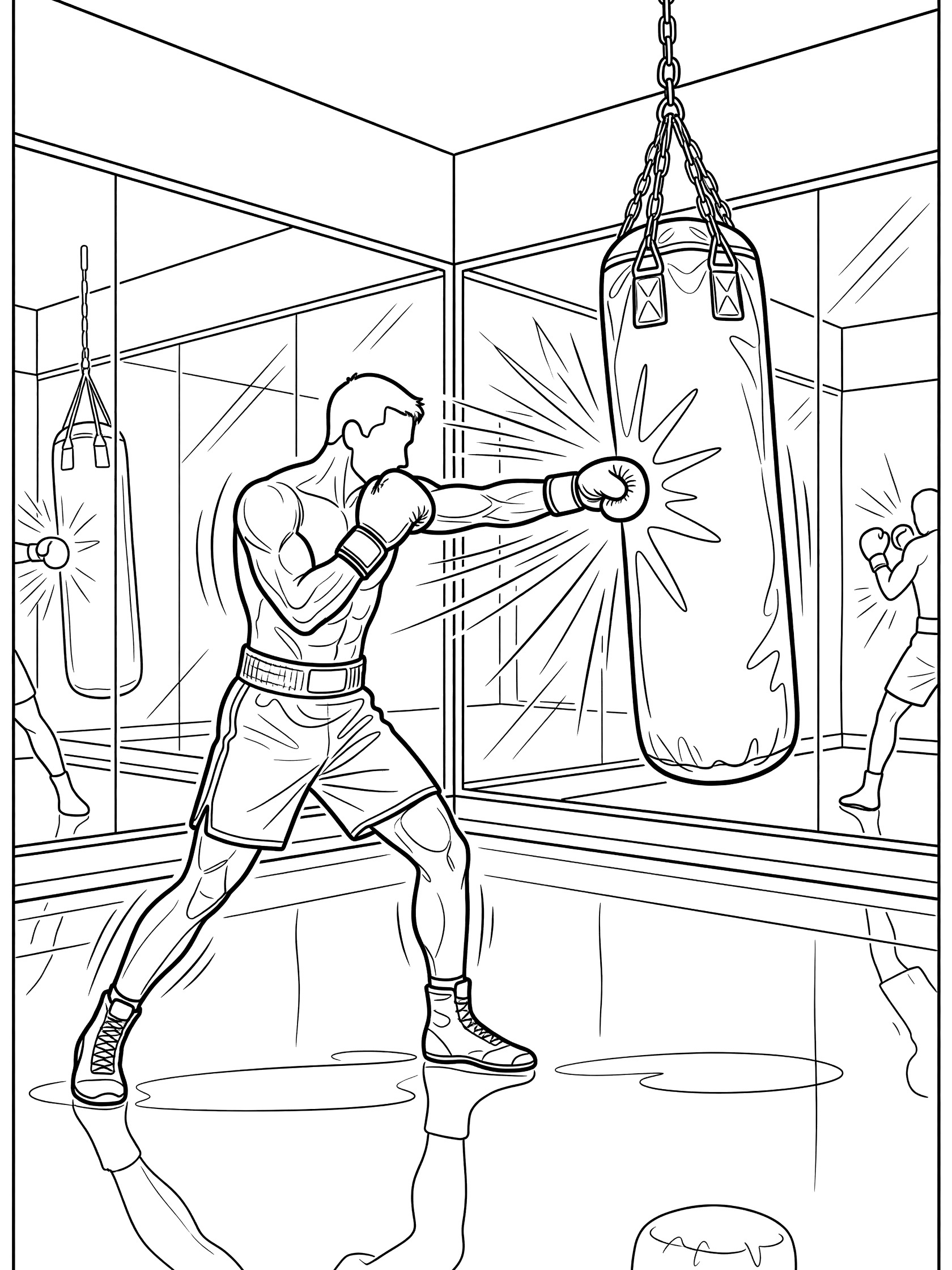 Black and white line art coloring page showing a muscular boxer in shorts and gloves punching a tall hanging punching bag with speed lines and gym mirrors reflecting the action.