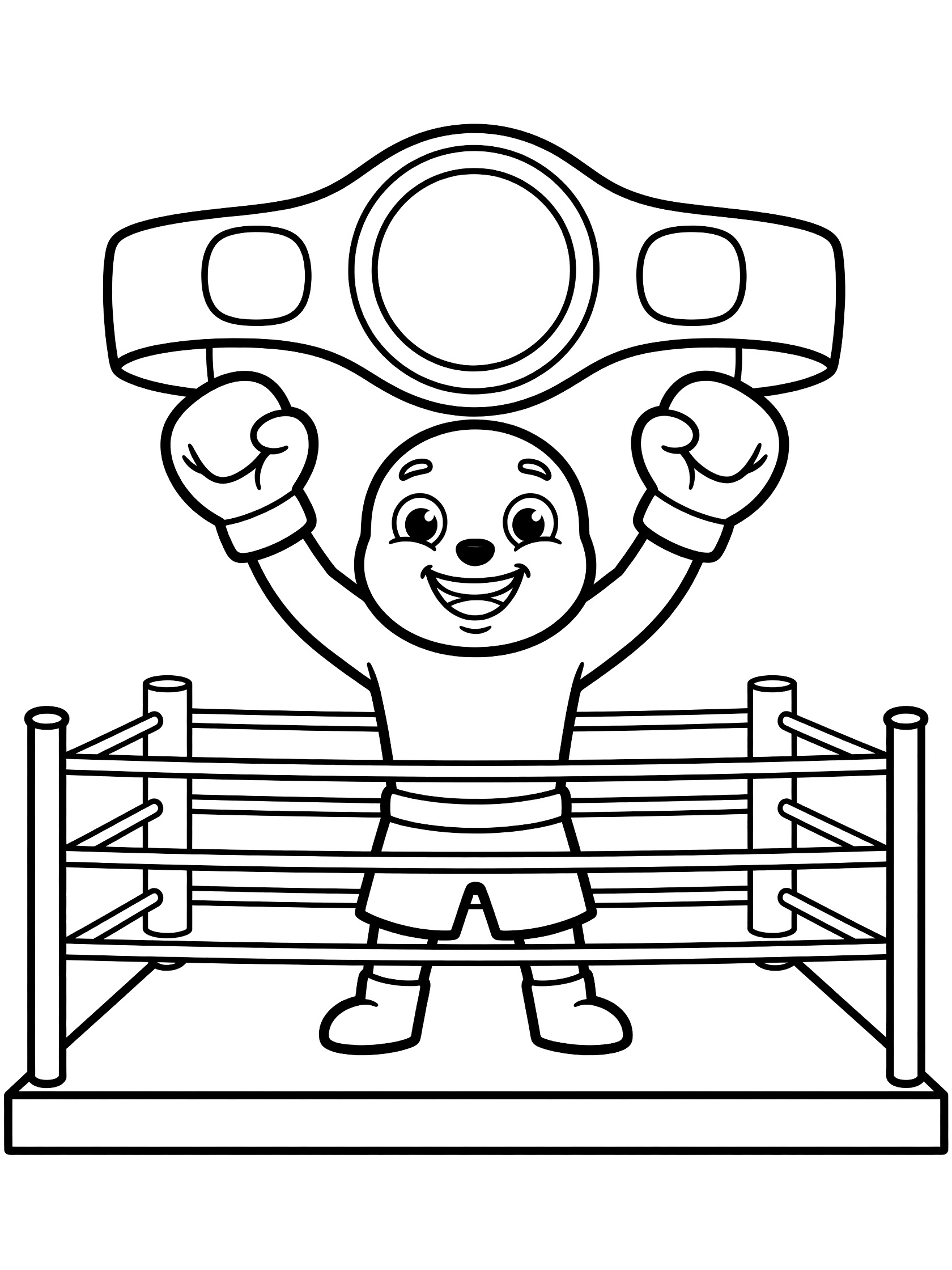Cute cartoon boxer with gloves raising championship belt above head in boxing ring coloring page