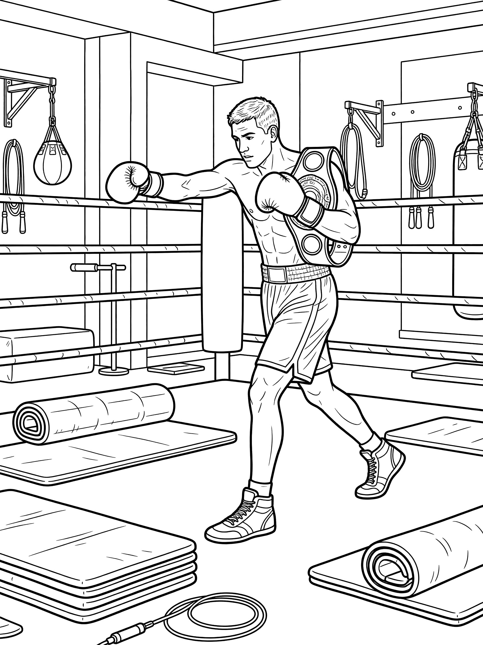 Black and white line art of muscular boxer in shorts and gloves shadow boxing dynamically with championship belt draped over shoulder in gym setting with mats and ropes.