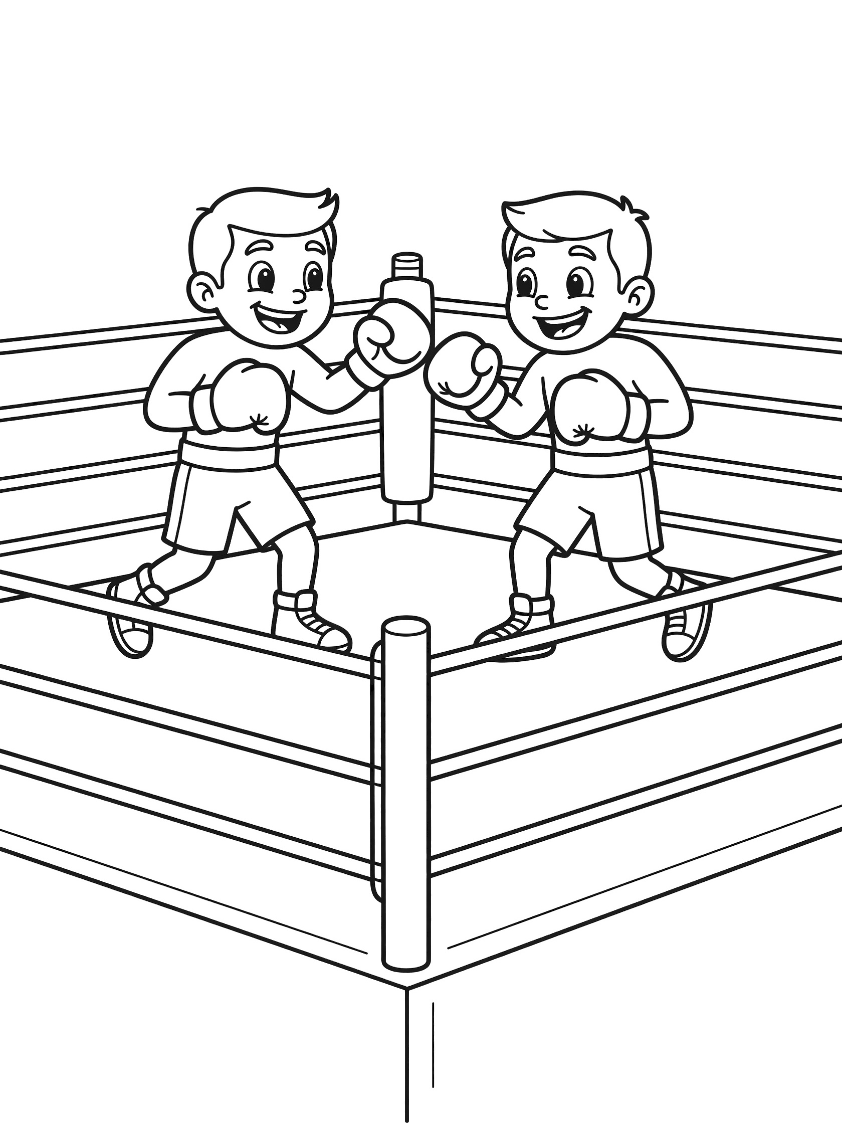 Printable coloring page showing two cartoon boxers bouncing on toes and sparring playfully inside a squared boxing ring with ropes and posts