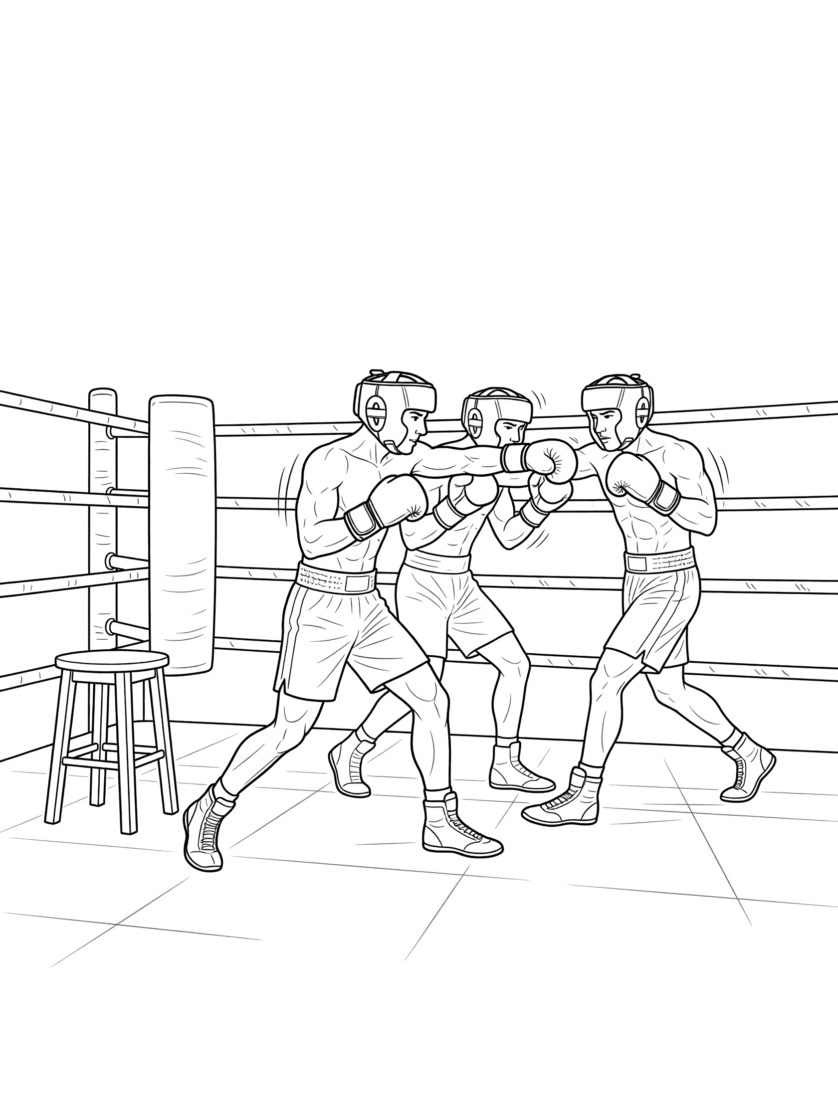Black and white line art of three boxers fighting in a boxing ring corner, wearing gloves and headgear, with punching action near ropes and stool.