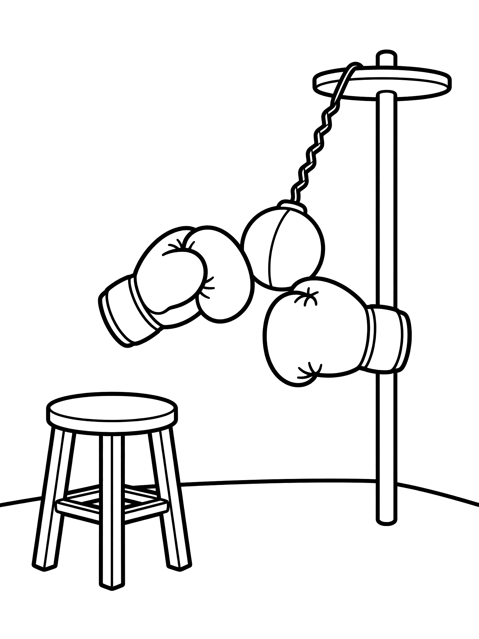Line art coloring page showing boxing gloves hitting a round speed bag hanging from a platform on an elastic cord, with a stool in the training corner