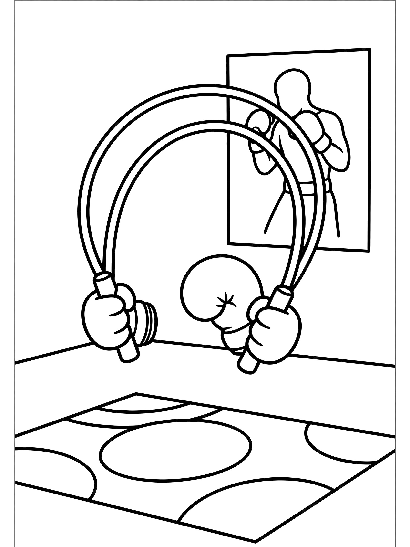 Adorable boxing gloves holding jump rope handles mid-skip with looping rope arcs, wall poster of boxer, and dotted floor mat in clean line art.