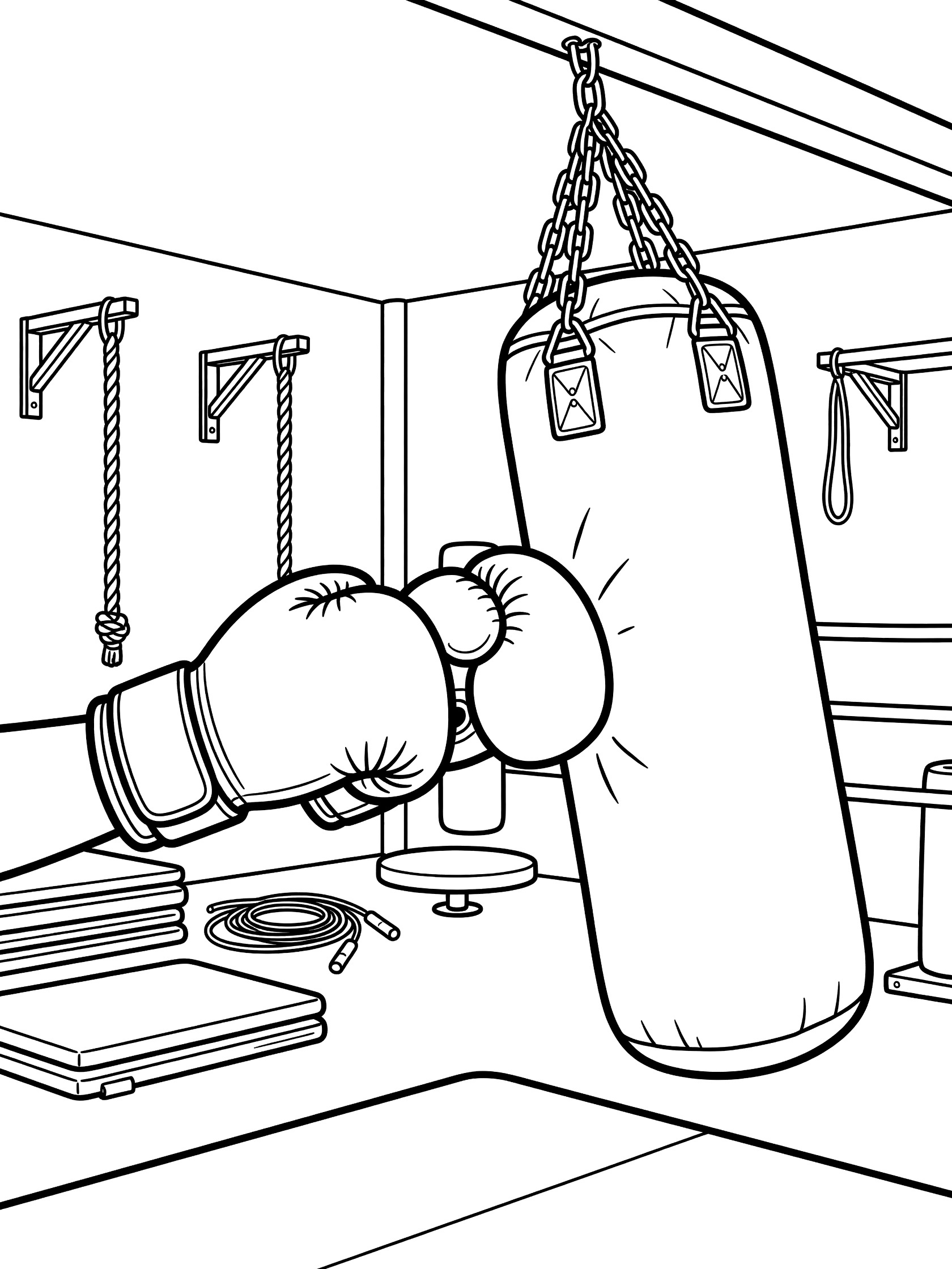 Black-and-white coloring page of two large boxing gloves striking a swinging heavy punching bag in a gym with ropes and mats.