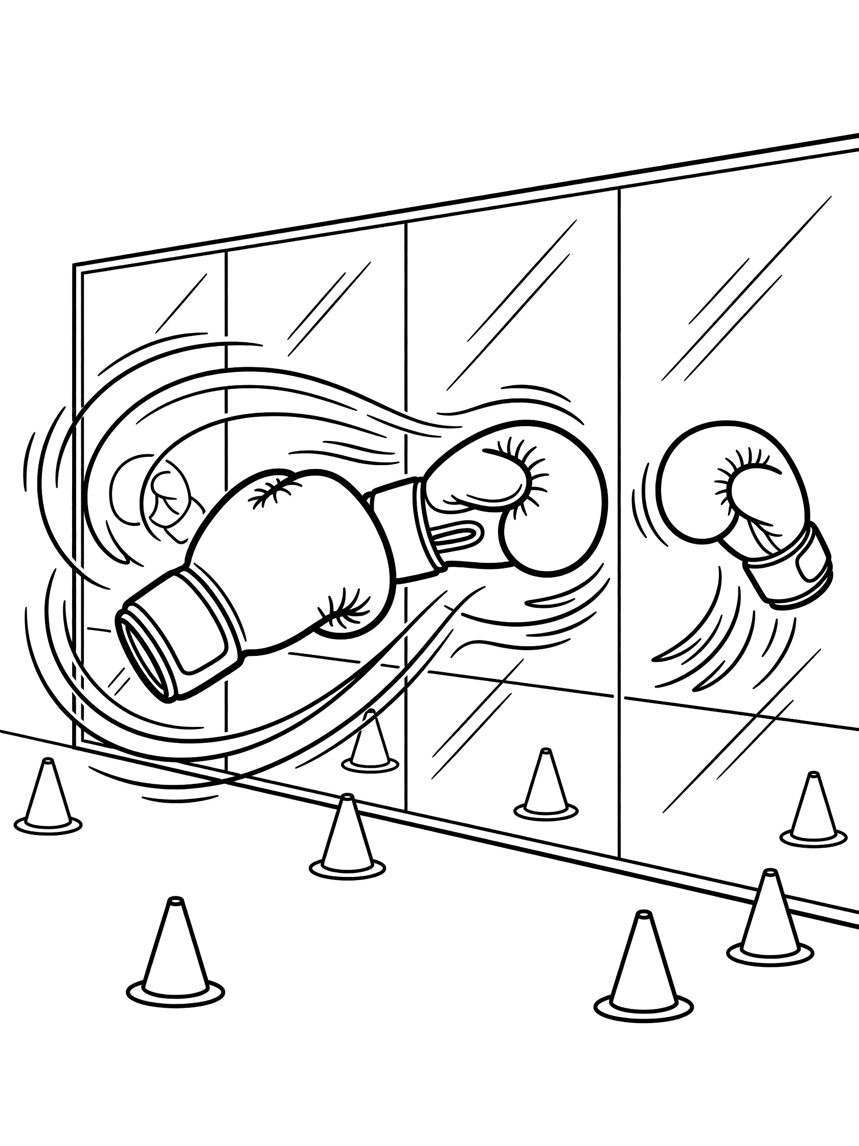 Boxing gloves in dynamic shadow boxing pose with one glove punching forward, speed swirls, reflective gym mirror, and scattered cones, line art coloring page