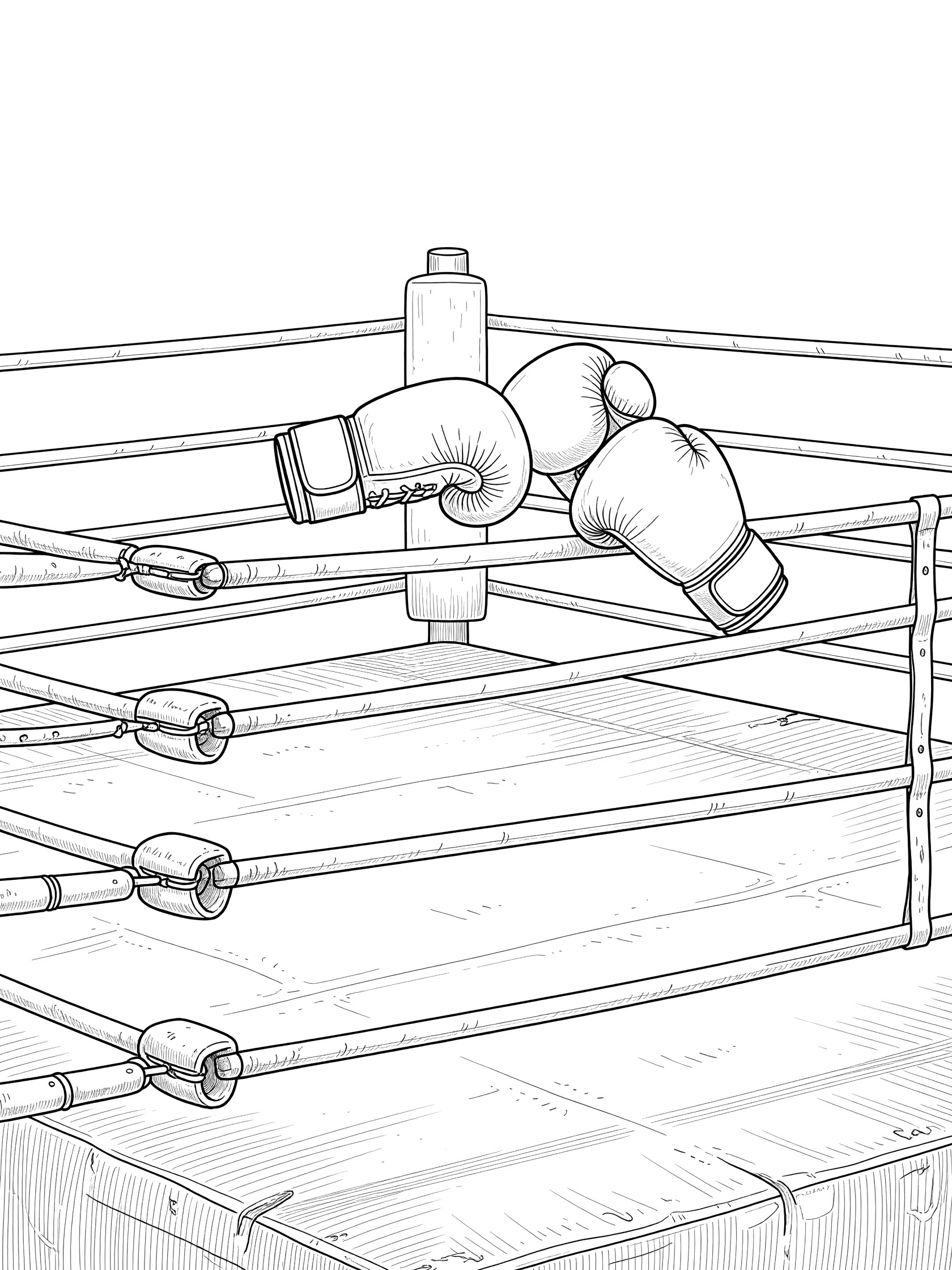 Black and white coloring page of boxing gloves sparring in a ring with ropes, posts, and textured canvas floor