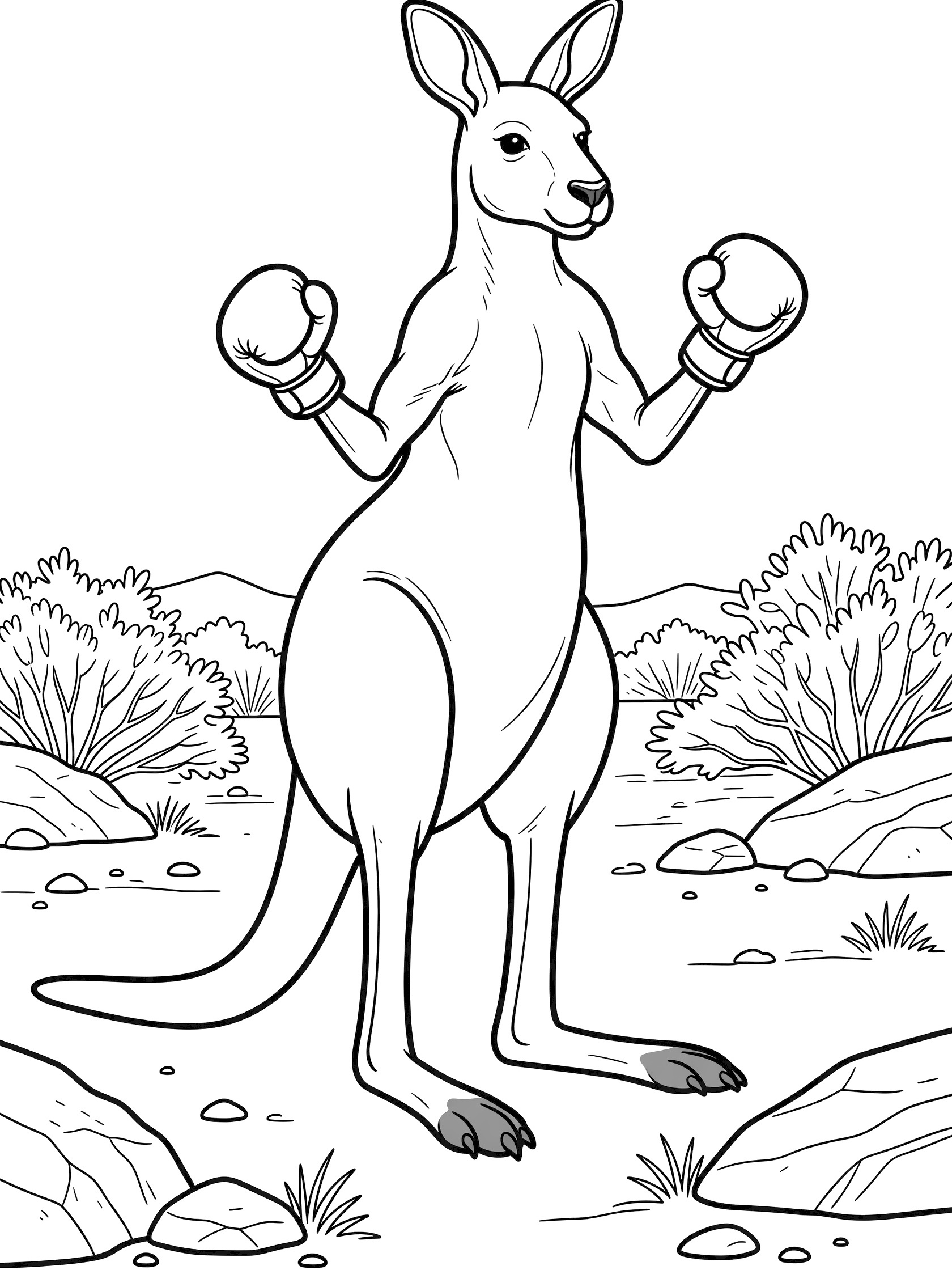 Black and white line art coloring page showing a kangaroo on hind legs in boxing stance with gloves on paws, tail out for balance, surrounded by bushes, rocks and ground on white background.