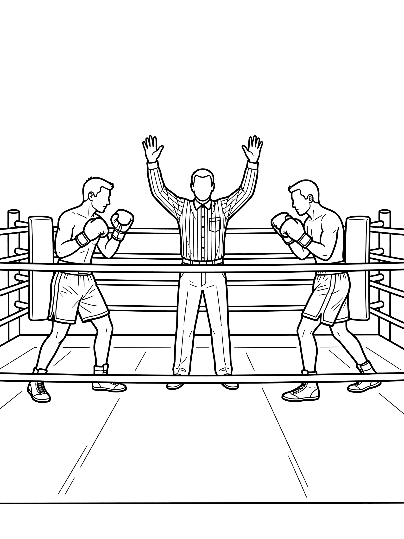 Line art coloring page showing referee signaling in boxing ring with two waiting boxers in corners, detailed ropes and canvas.