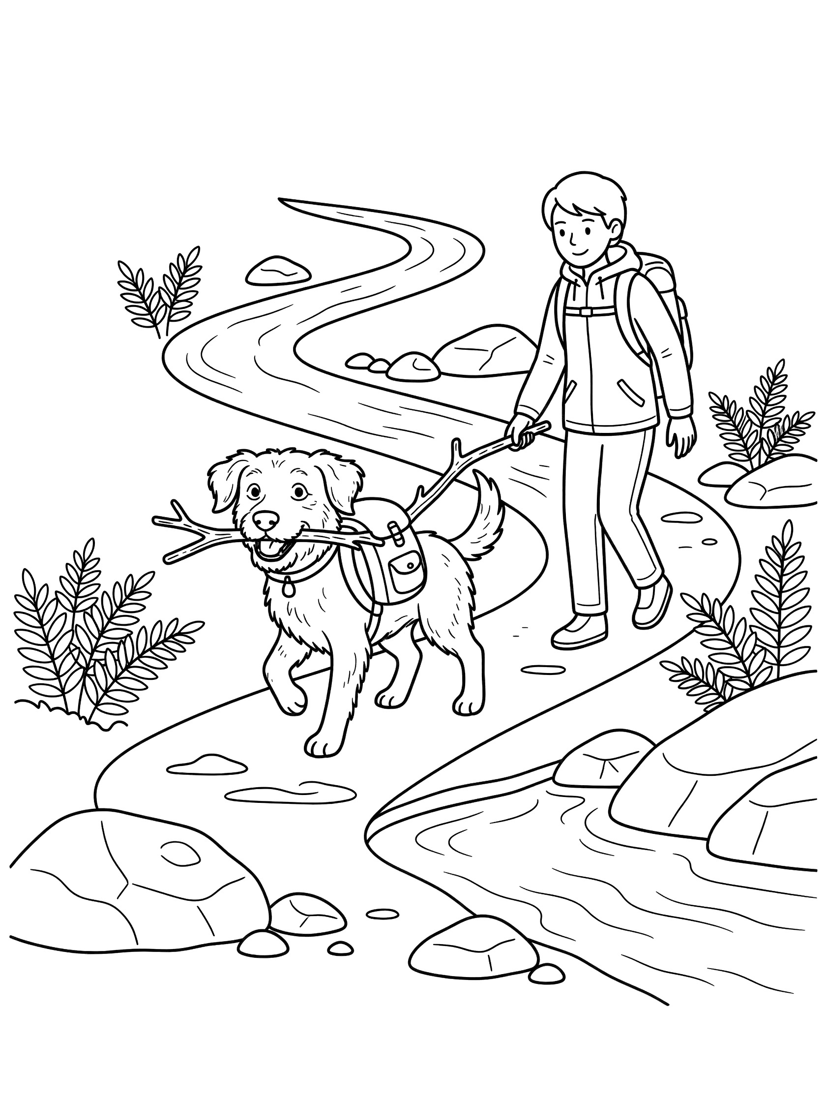 Black and white line art coloring page showing a boy with backpack and jacket walking a dog on a leash along a winding trail next to a stream with rocks and ferns. Rescue Dogs themed black and white printable line art
