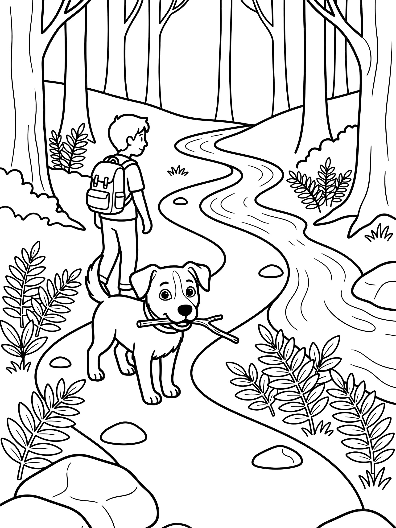 Black and white line art coloring page showing a boy wearing backpack following a puppy carrying stick along winding trail next to stream in forest with trees ferns rocks. Rescue Dogs themed black and white printable line art