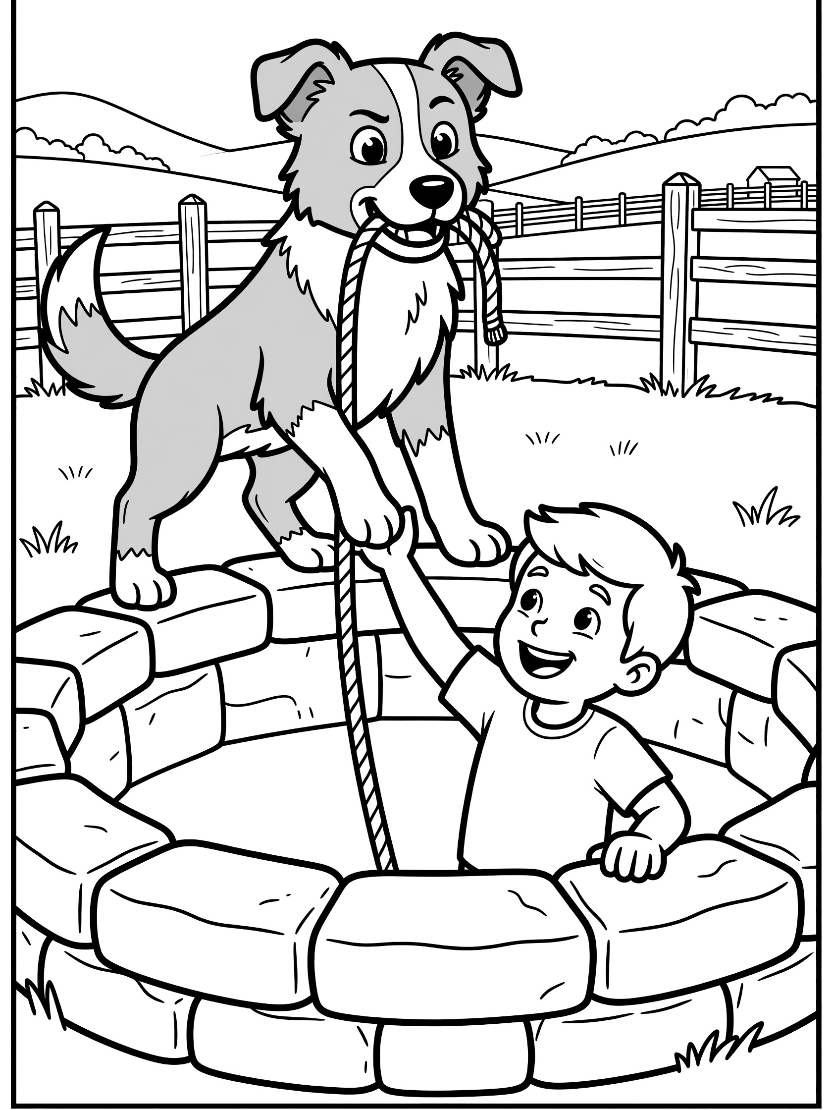 Black and white line art coloring page showing a happy boy reaching out of a stone well while a cute spotted puppy leans over the edge with a rope in its mouth, farm fence and hills in background. Border Collie themed black and white printable line art