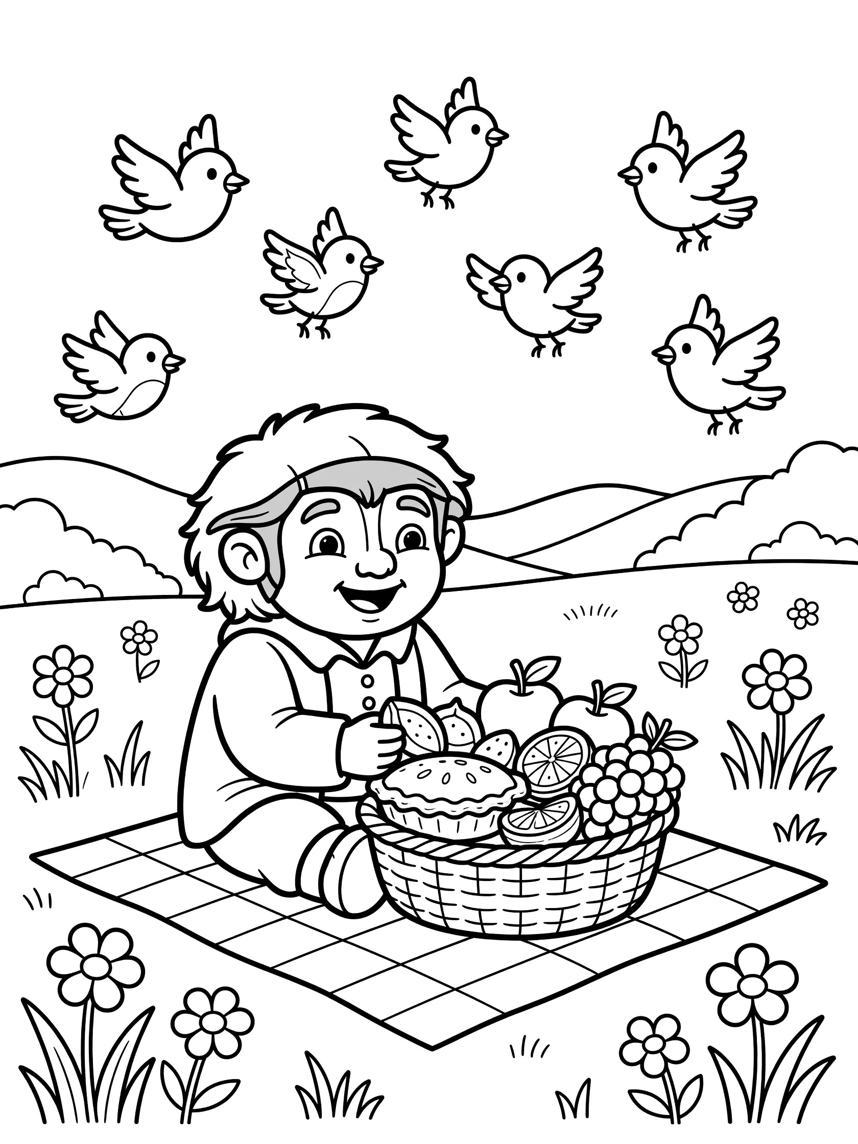 Black and white line art coloring page showing a smiling boy with curly hair sitting on a checkered picnic blanket holding fruits and pie from a basket with birds flying above and flowers around in a meadow. Hobbits themed black and white printable line art