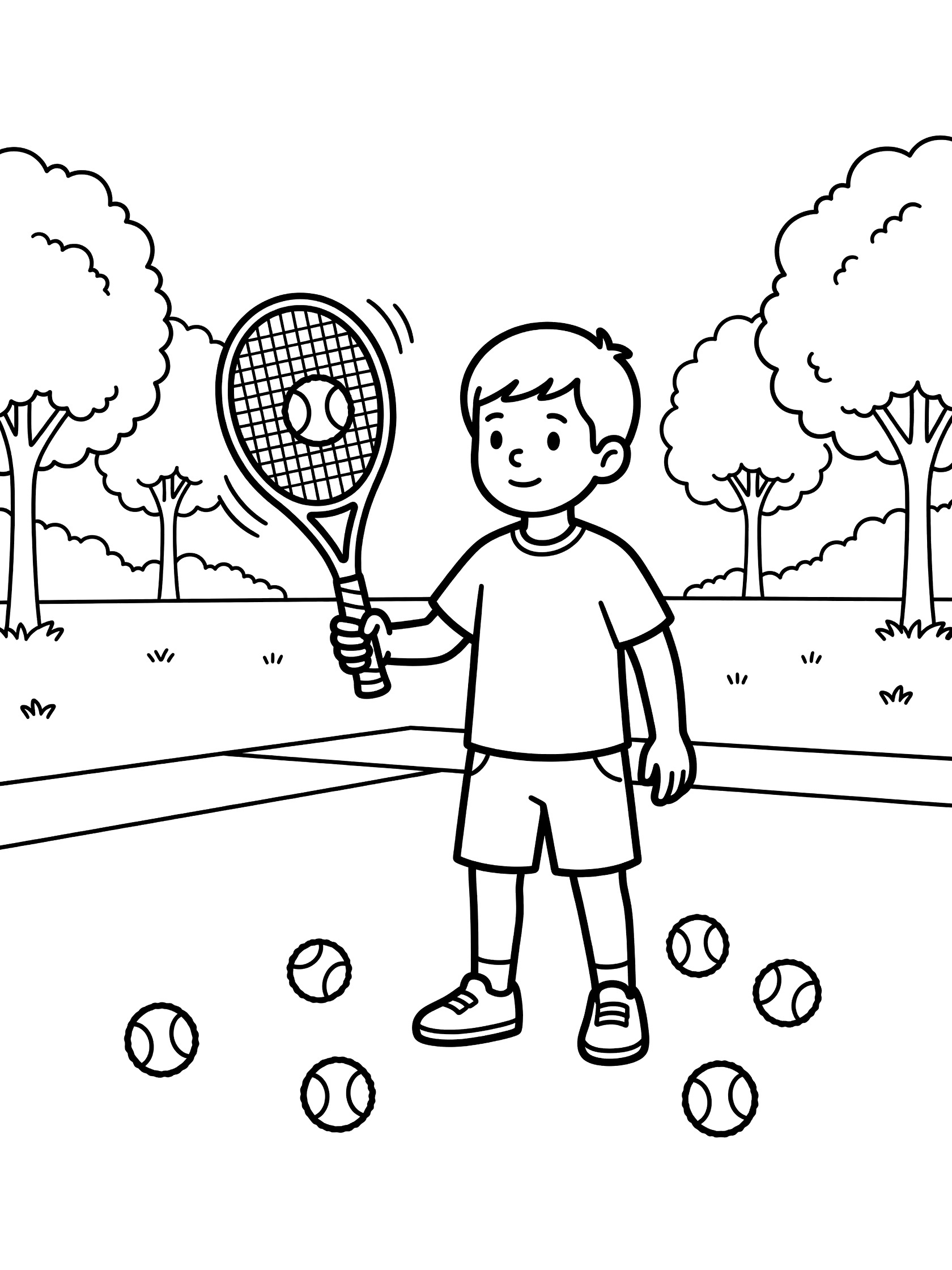 Black and white line art of a smiling boy holding a tennis racket upright with a fuzzy tennis ball bouncing on the strings, surrounded by scattered tennis balls on the ground in a park with trees.