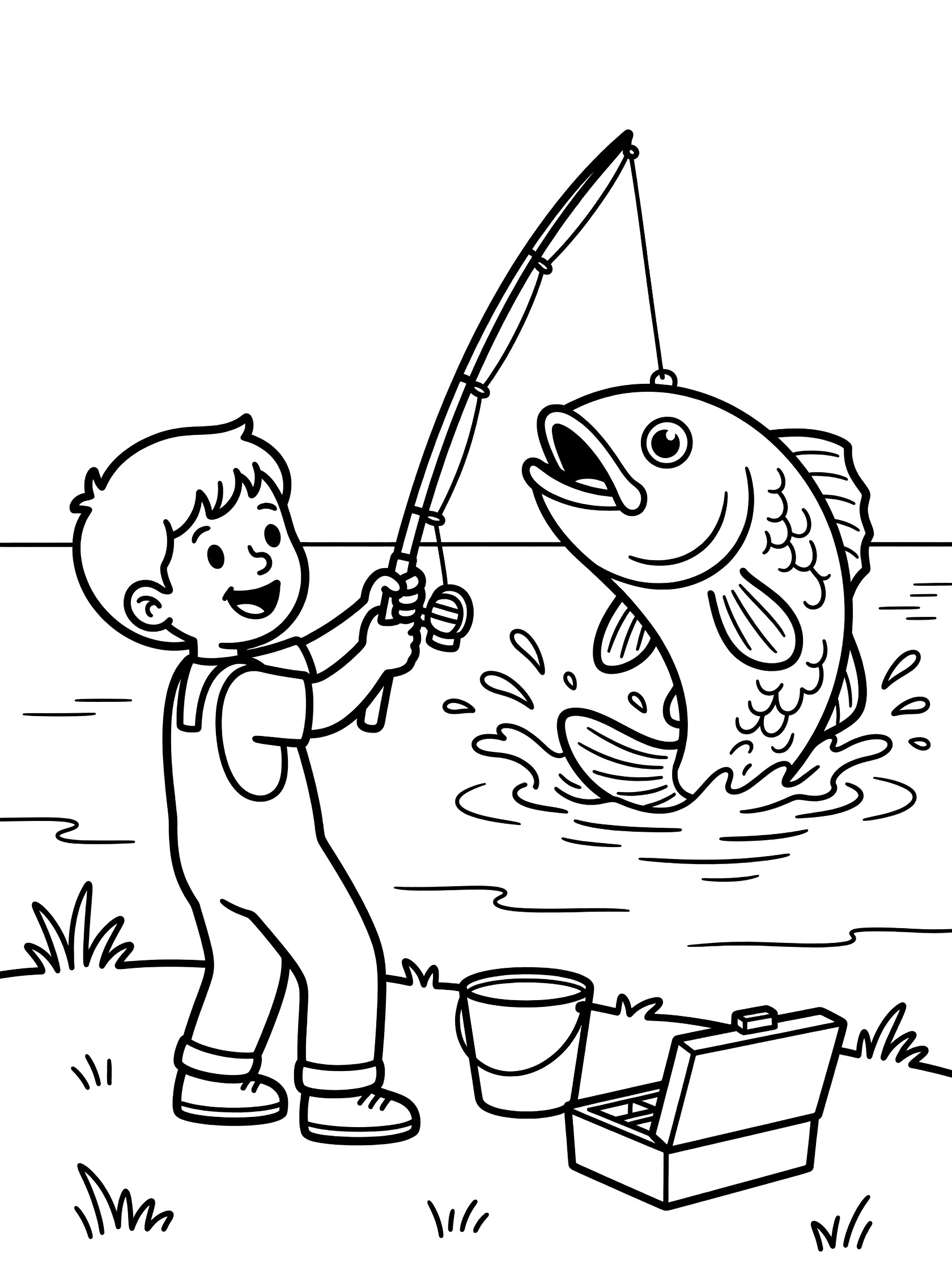 Black and white line art coloring page showing a boy in overalls excitedly catching a large smiling fish with a bending fishing rod at the lake shore, with bucket and tackle box on grass. Fishing Lakes themed black and white printable line art