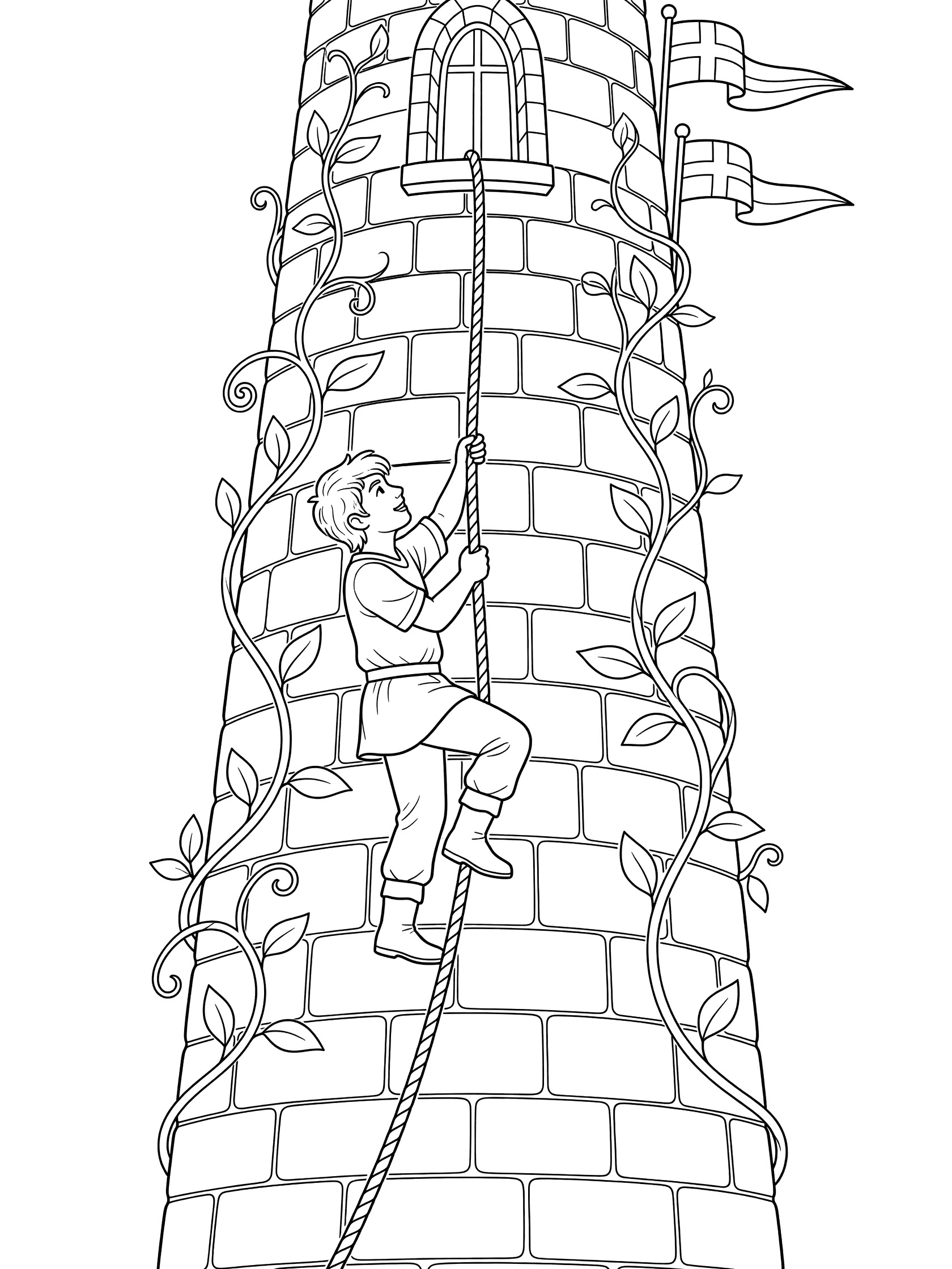 Black and white line art coloring page showing a boy in tunic climbing a thick rope up a tall brick tower with window, vines, and flags on the walls. Prince themed black and white printable line art