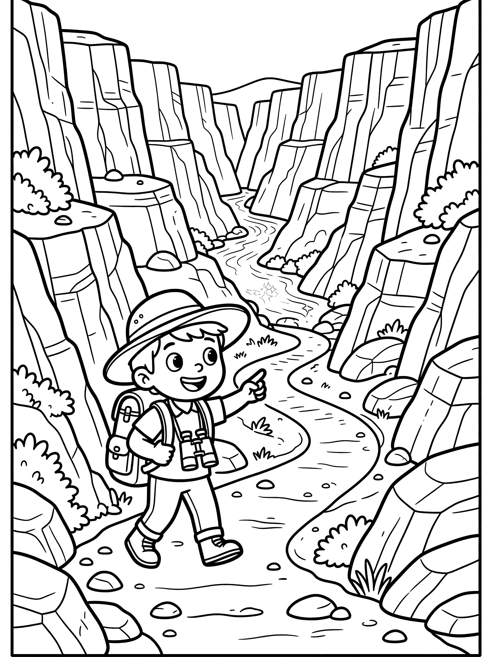 Black and white coloring page showing a boy in explorer hat and backpack pointing while walking on a path in a tall rocky canyon with winding river and bushes. Black Canyon themed black and white printable line art