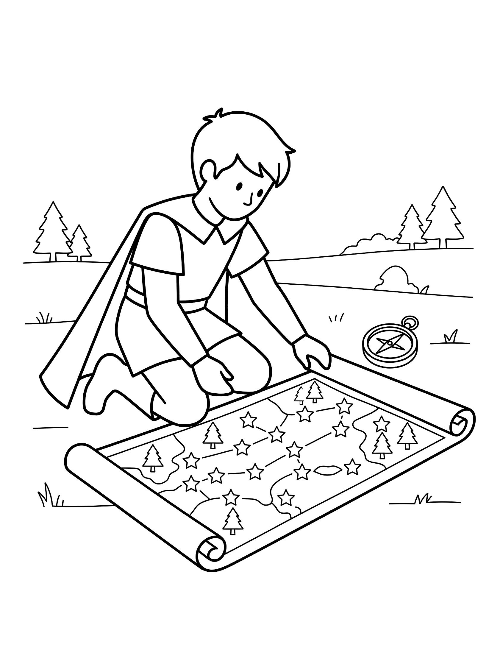 Black and white line art coloring page showing a boy in a cape kneeling to unroll a treasure map with stars and trees, a compass beside him, and grass around. Prince themed black and white printable line art