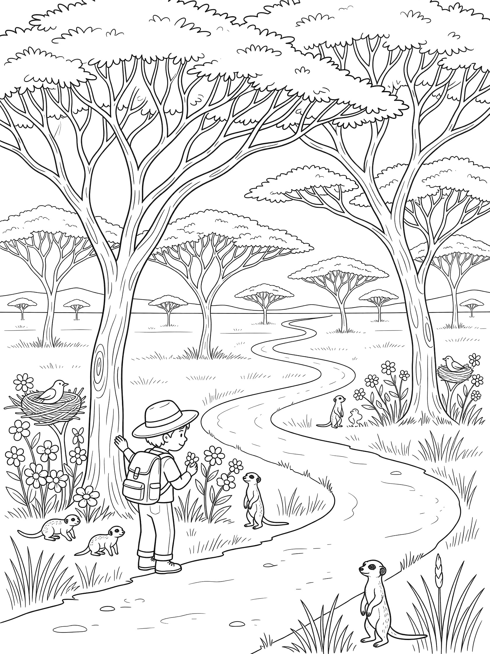 Black and white line art coloring page showing a boy in hat and backpack on a winding path in a grove of tall trees with meerkats standing and birds in nests. Umbrella Thorn Acacia Tree themed black and white printable line art