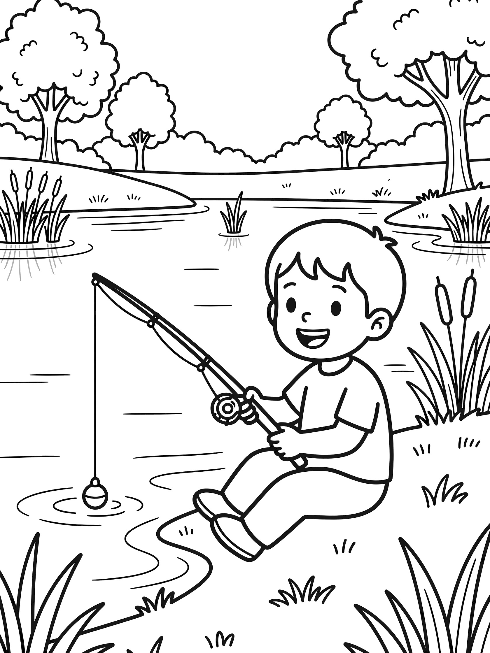 Black and white line drawing of a smiling boy sitting on grass by a pond, holding a fishing rod with bobber in water, reeds, trees in background. Fishing Lakes themed black and white printable line art