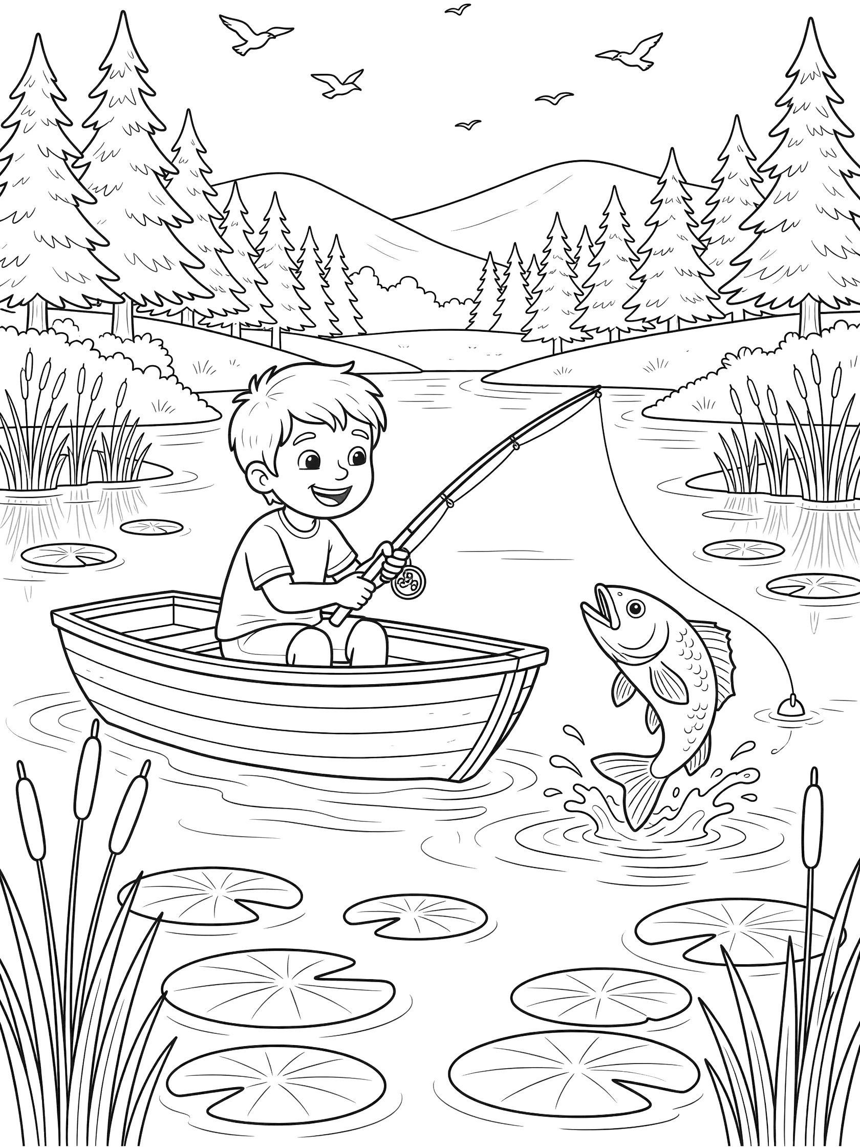 Black and white coloring page showing a boy in a rowboat catching a jumping fish on a lake surrounded by trees, mountains, reeds, lily pads, and flying birds. Fishing Lakes themed black and white printable line art