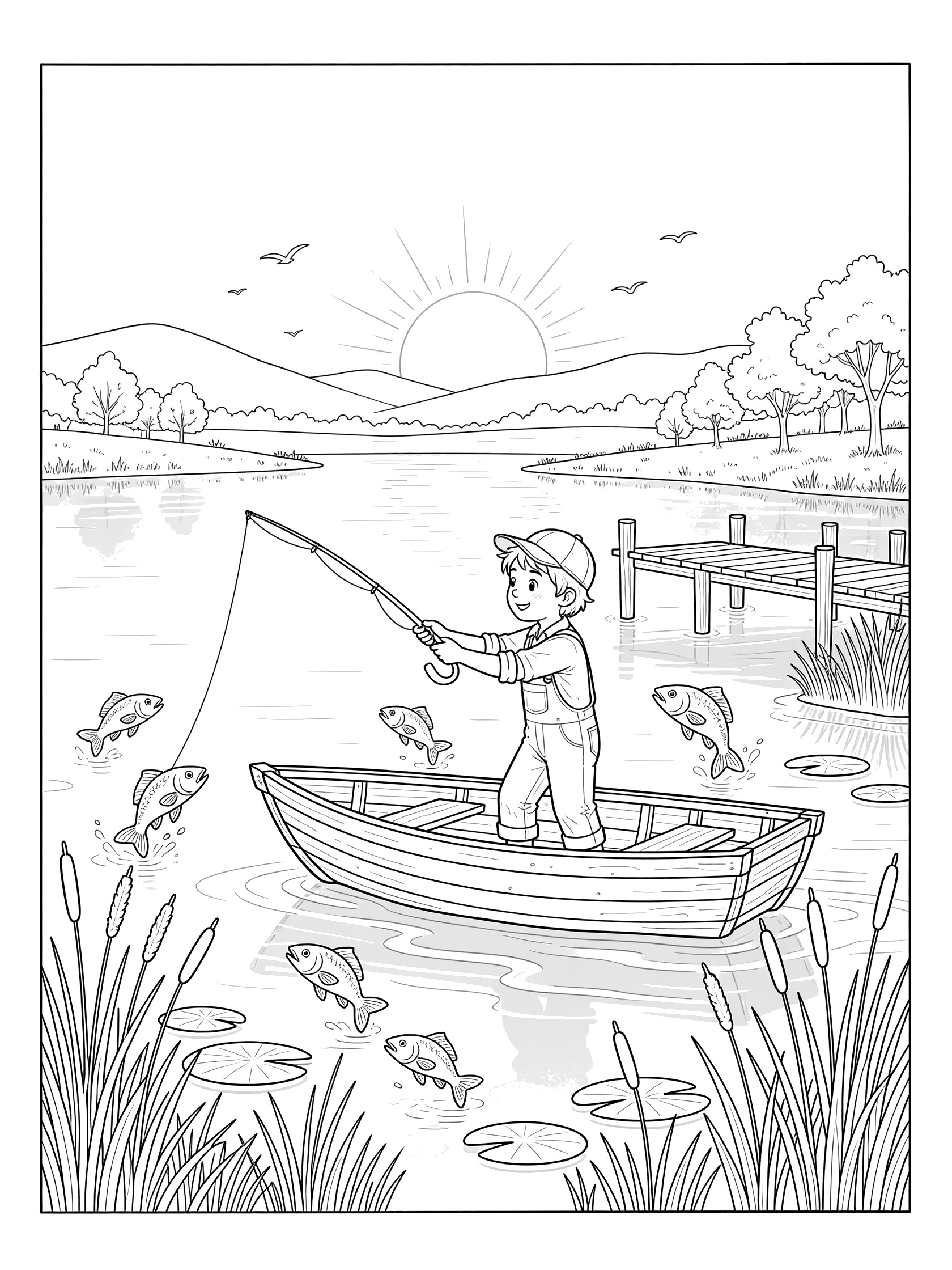 Black and white coloring page showing a young boy in a rowboat casting a fishing line into a lake with jumping fish, surrounded by reeds, lily pads, a dock, trees, hills, and a dawn sun.