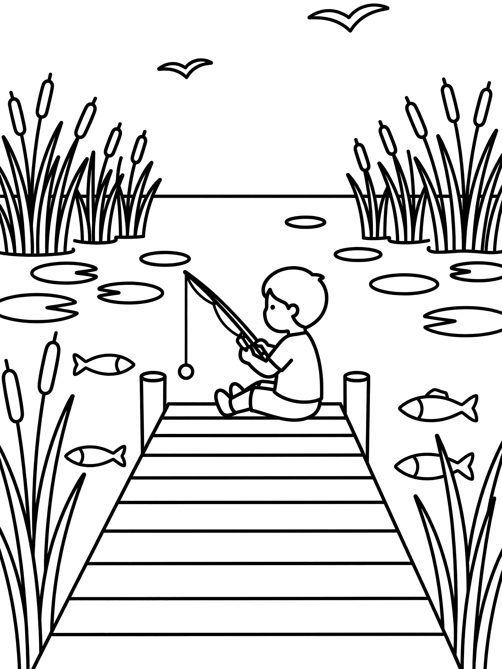 Black and white line art coloring page showing a boy on a wooden dock holding a fishing rod with bobber in lake water, surrounded by tall reeds and lily pads, fish swimming below, and birds flying above. Lake Activities themed black and white printable line art