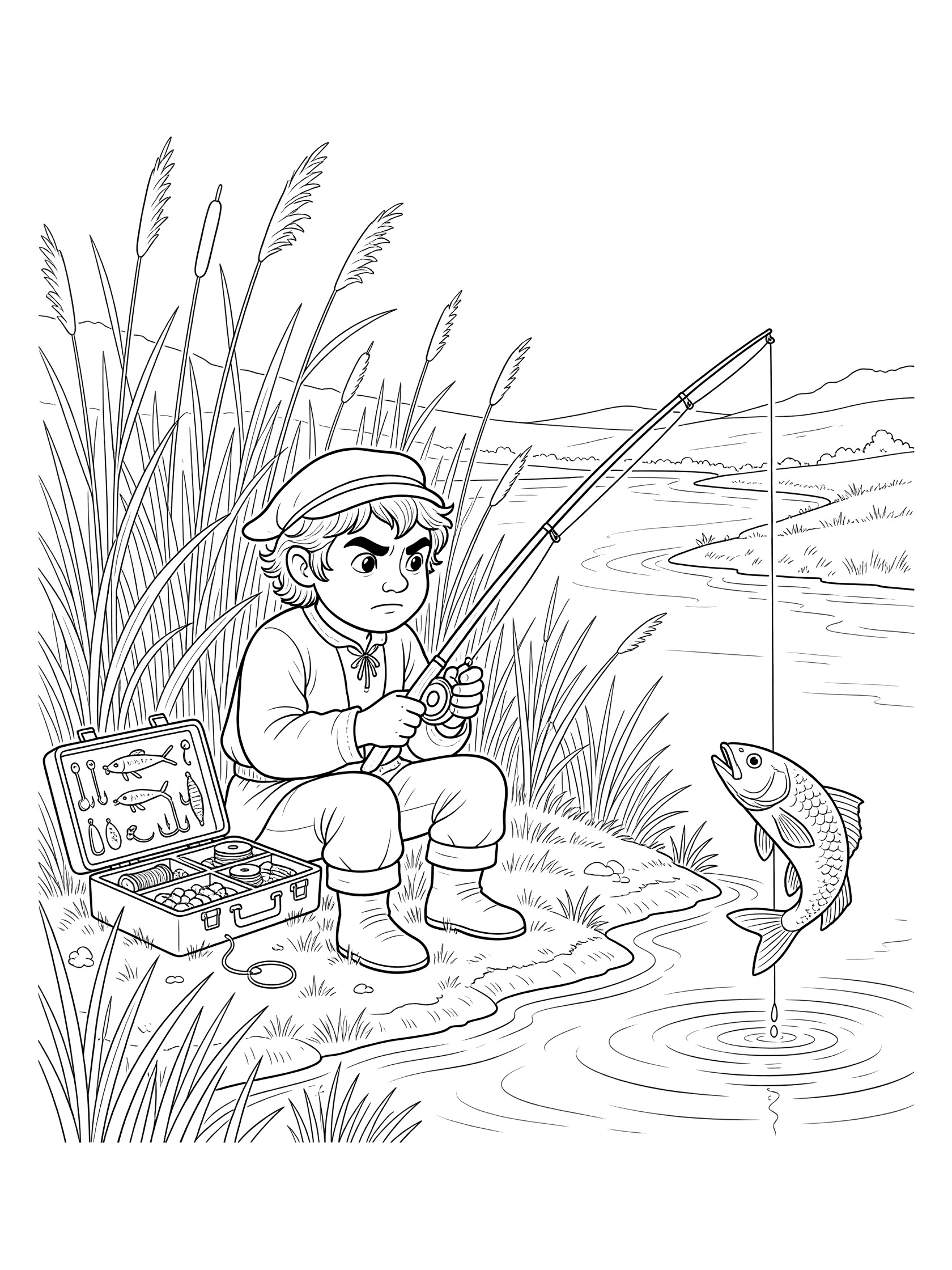 Black and white line art coloring page showing a determined boy in hat and boots sitting on riverbank holding fishing pole with jumping fish, open tackle box, reeds, and water. Hobbits themed black and white printable line art