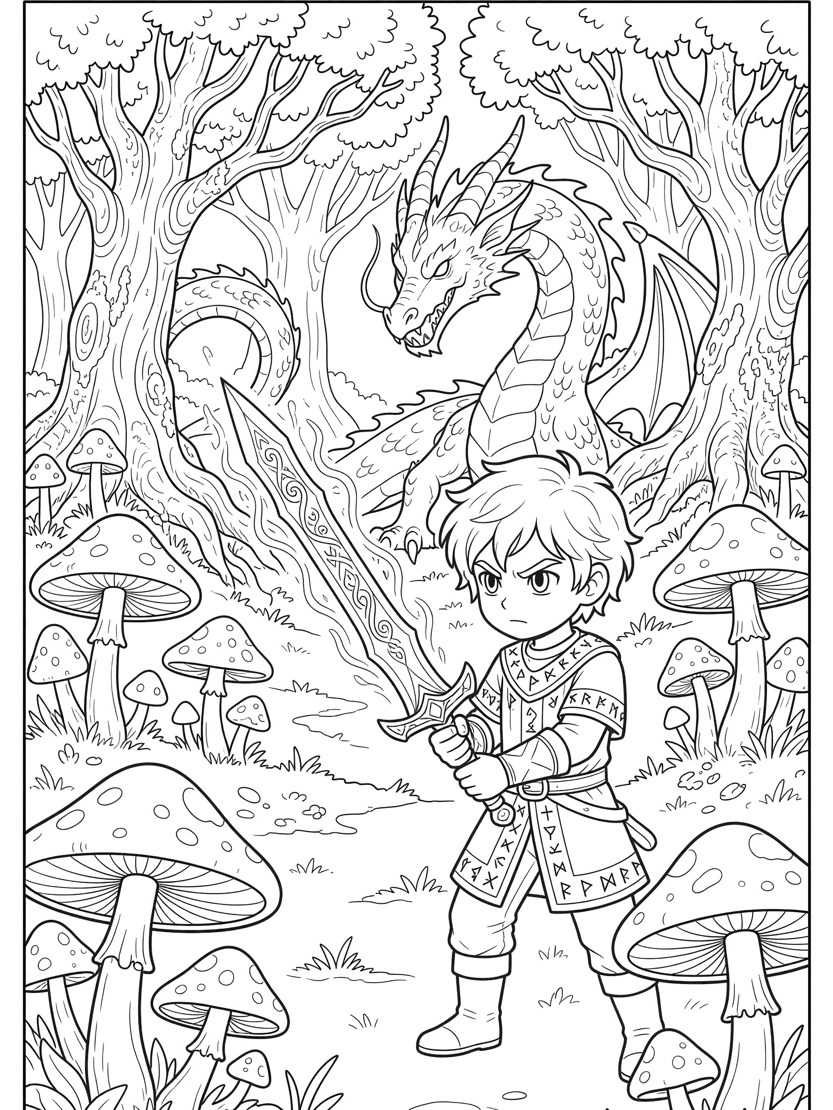 Black and white line art coloring page showing a young boy knight in tunic and boots gripping a long sword pointed at a large winged dragon in a forest with trees and mushrooms. Dragon Slayer themed black and white printable line art