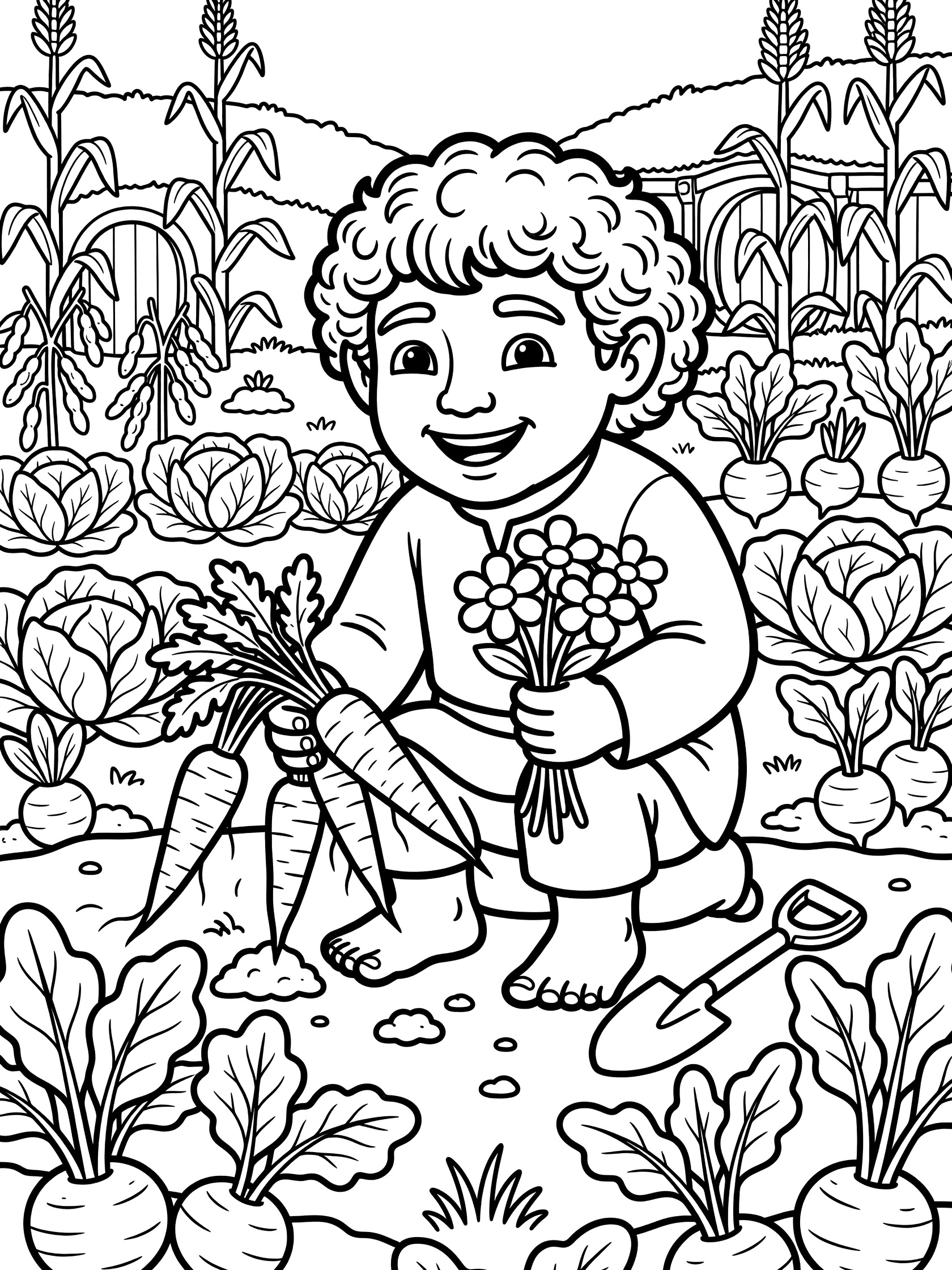 Black and white line art coloring page showing a smiling boy with curly hair and bare feet kneeling in a garden holding carrots and flowers, with cabbage, beets, corn stalks, and shovel around him. Hobbits themed black and white printable line art