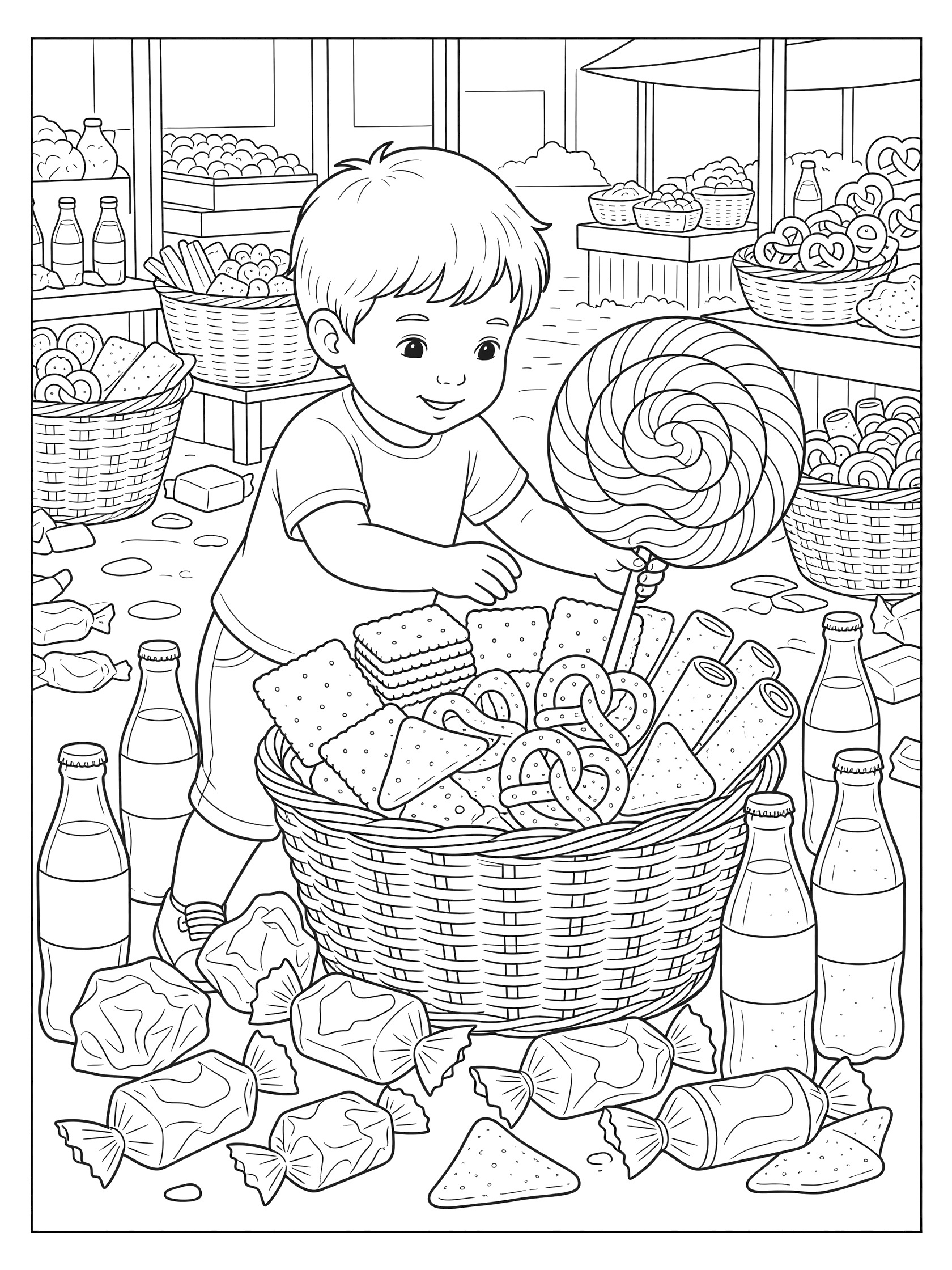 Child reaching for a large spiral lollipop in an overflowing woven basket with pretzels, snacks, wrappers, and soda bottles in a busy market scene coloring page
