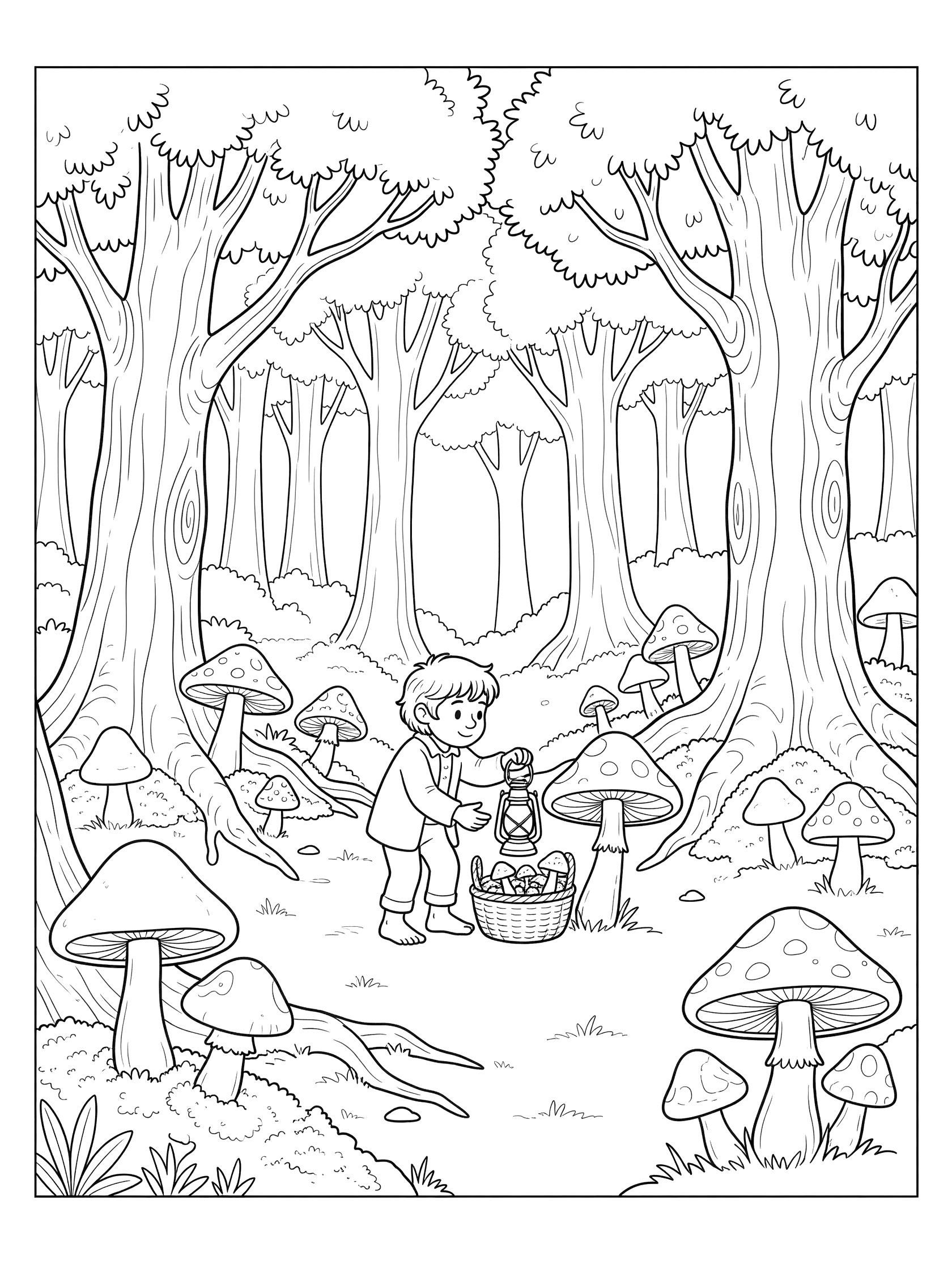 Black and white line art coloring page showing a barefoot boy in simple clothes holding a lantern and basket, picking oversized mushrooms among tall trees in a forest glade. Hobbits themed black and white printable line art