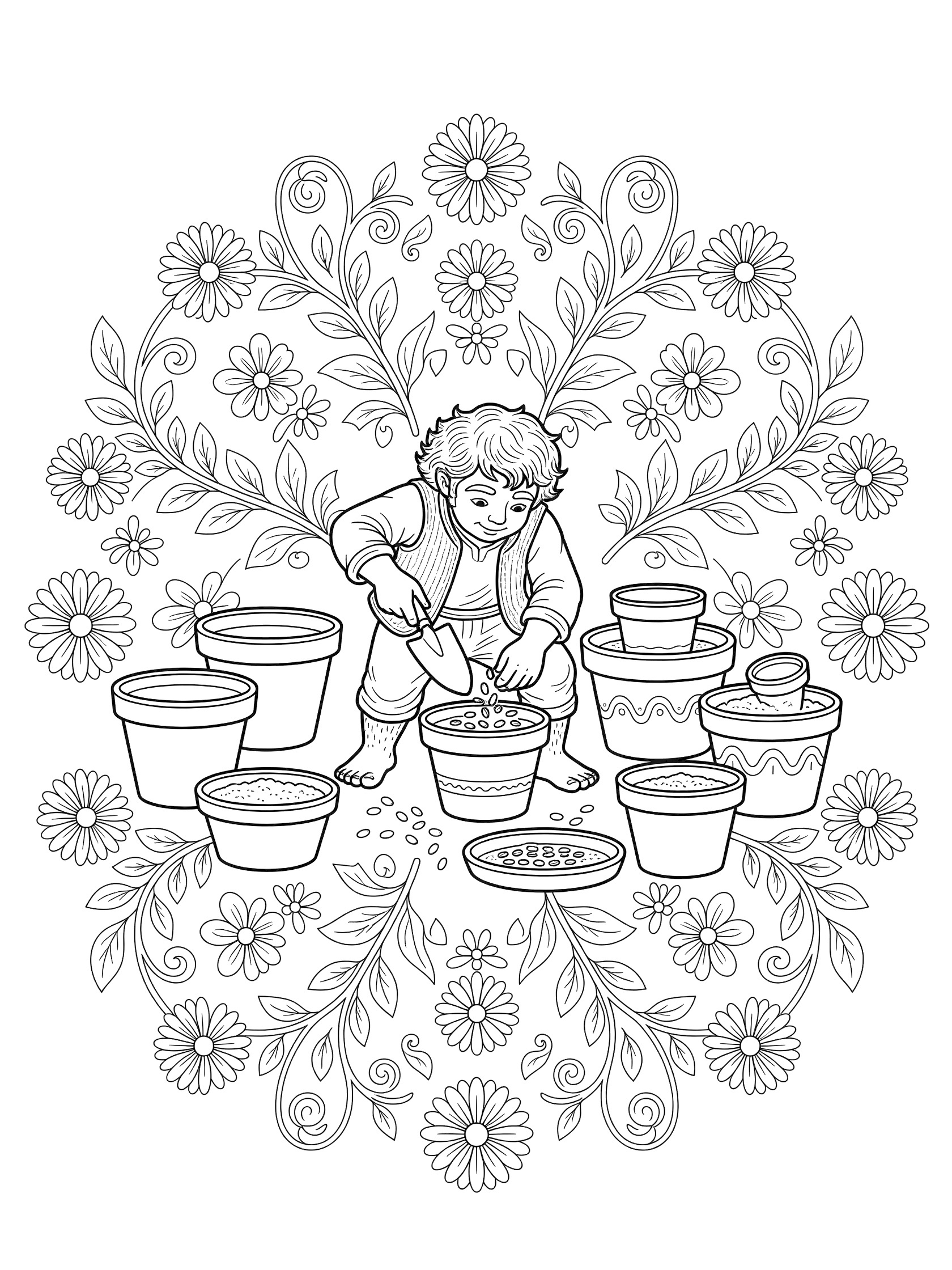 Black and white line art coloring page showing a small boy kneeling and planting seeds into several flower pots with a trowel, surrounded by symmetrical daisy flowers, vines, and repeating patterns. Hobbits themed black and white printable line art