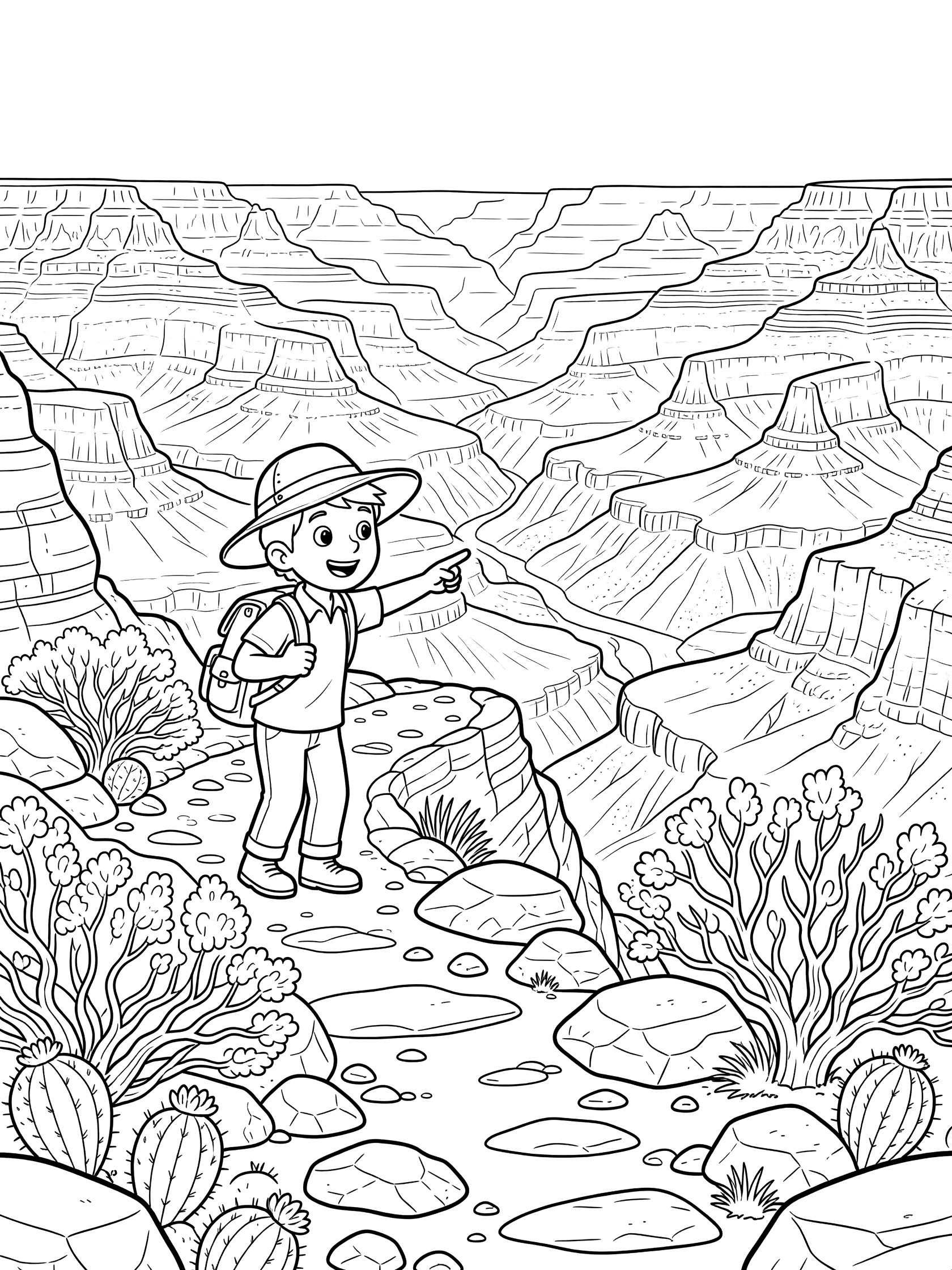Black and white coloring page showing a smiling boy with backpack and hat standing on a rocky trail, pointing toward detailed layered canyon cliffs, with cactus and bushes nearby.