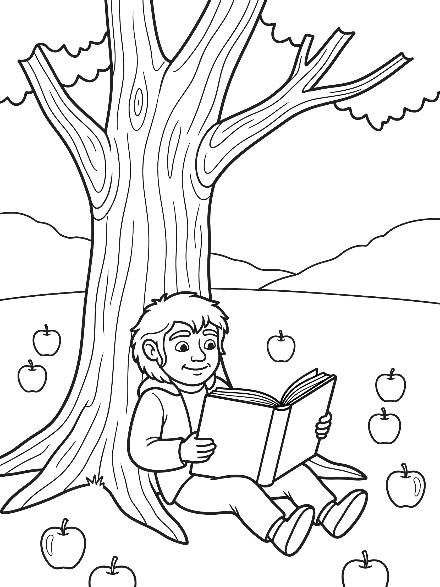 Black and white line art coloring page showing a happy boy with pointy ears lounging against a large tree trunk, reading an open book, with scattered apples on the ground and simple hills in the background. Hobbits themed black and white printable line art
