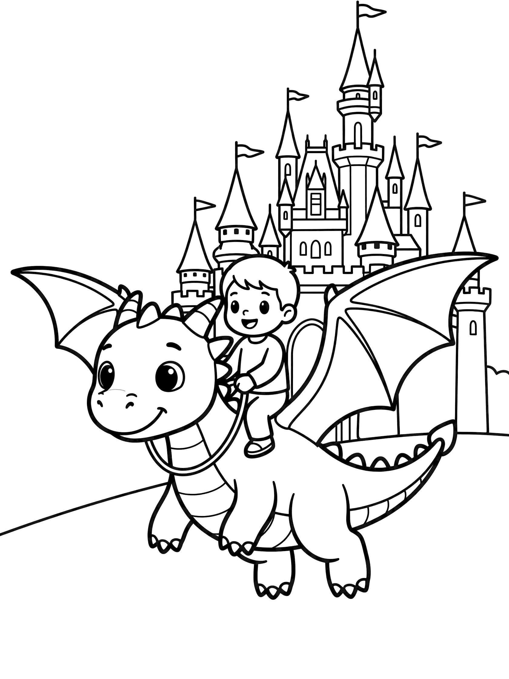 Black and white line art coloring page showing a happy boy riding a cute dragon flying toward a castle with multiple towers and flags. Dragon Rider themed black and white printable line art
