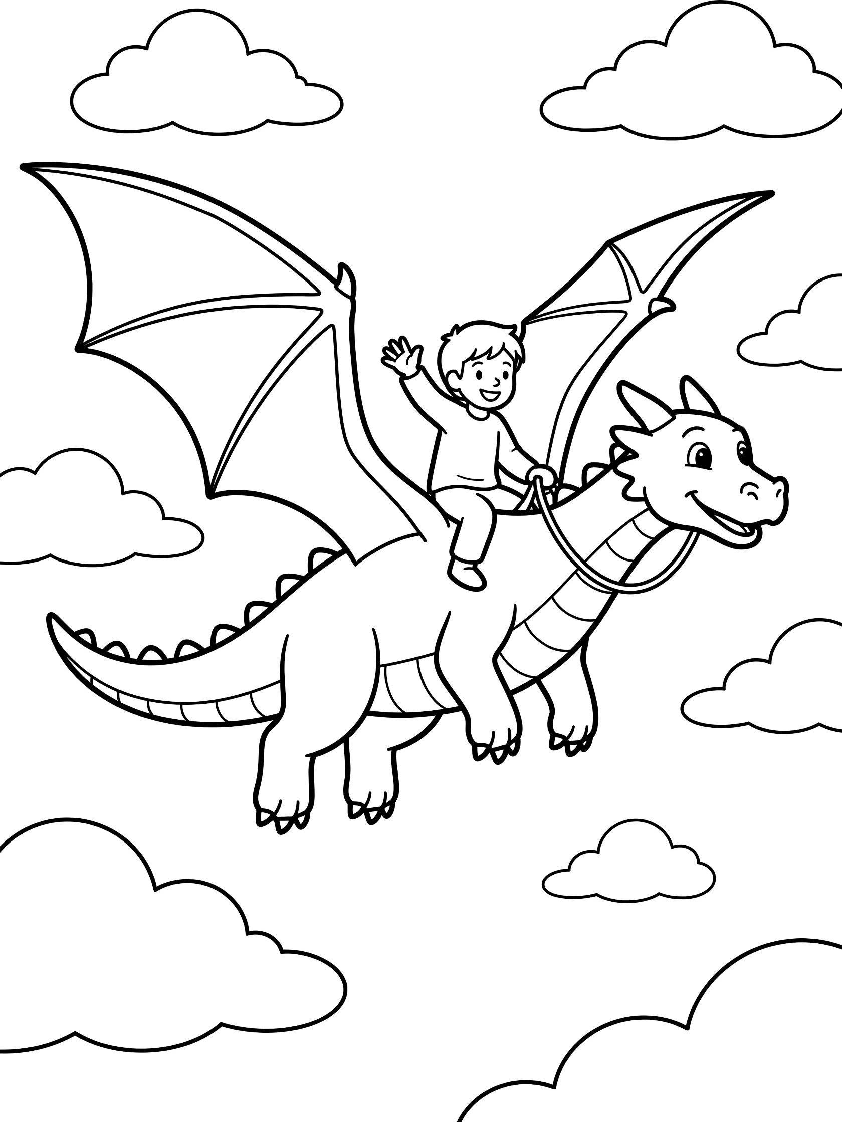 Black and white line art coloring page showing a smiling boy waving while riding a happy dragon with outstretched wings among puffy clouds. Dragon Rider themed black and white printable line art