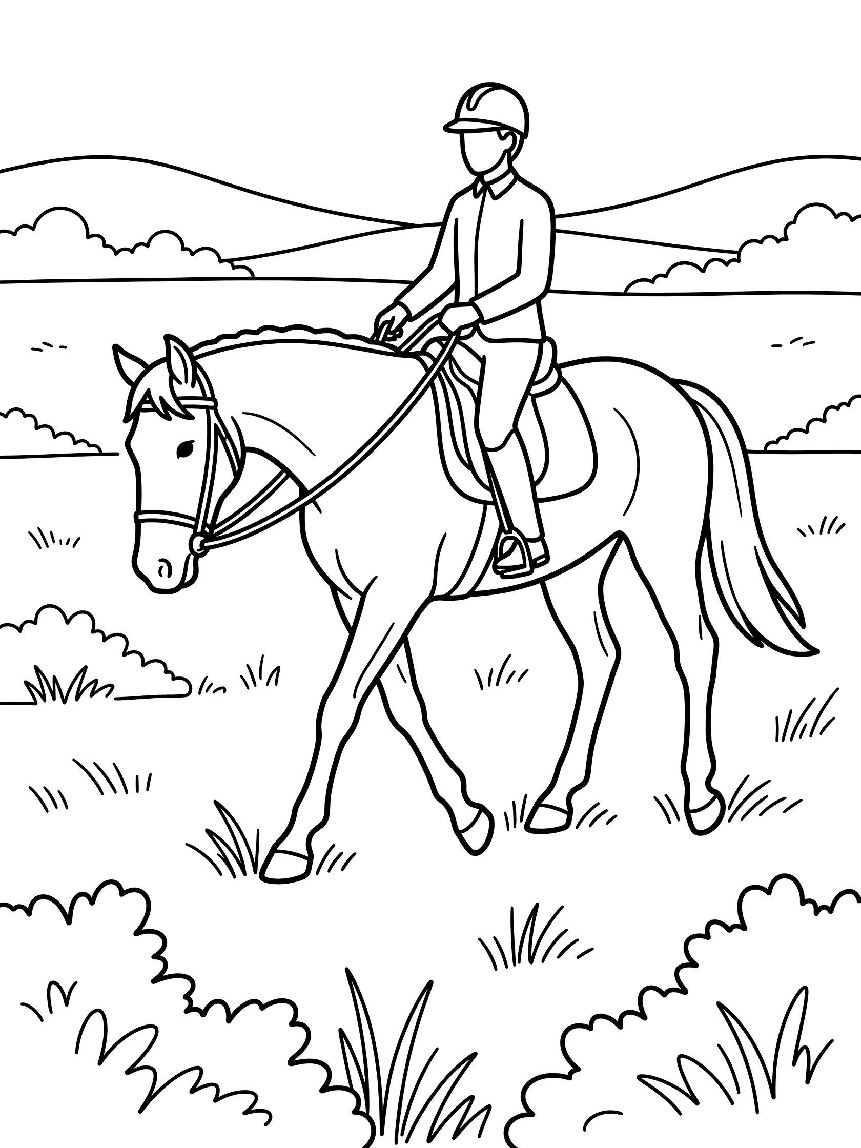 Black and white line art coloring page showing a boy in riding clothes and helmet sitting on a walking horse, with grass, bushes, hills, and open sky. Dressage themed black and white printable line art