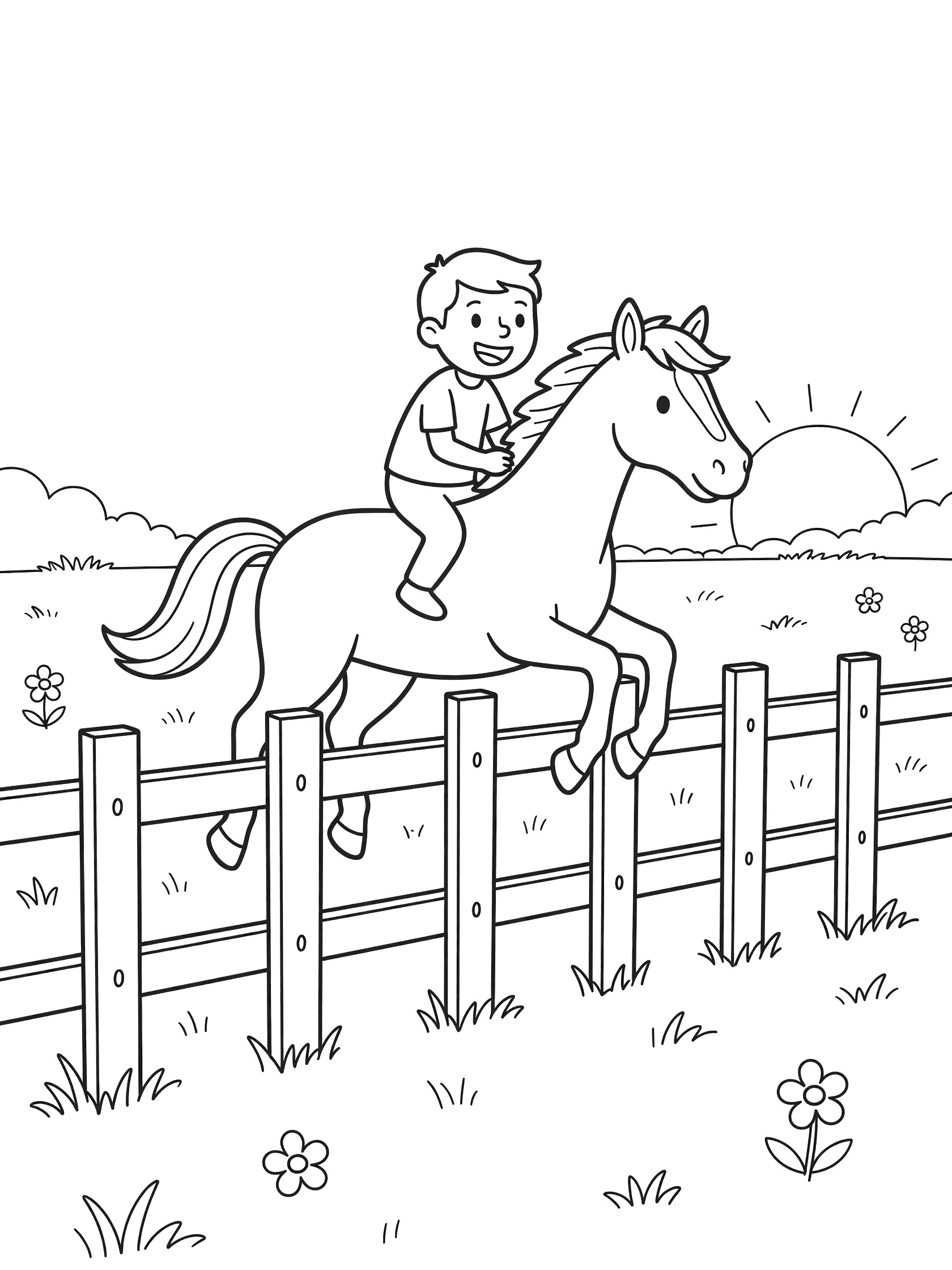 Cartoon coloring page showing a smiling boy on a horse leaping over a tall wooden fence, with sun, clouds, grass, and flowers in a field. Show Jumping themed black and white printable line art