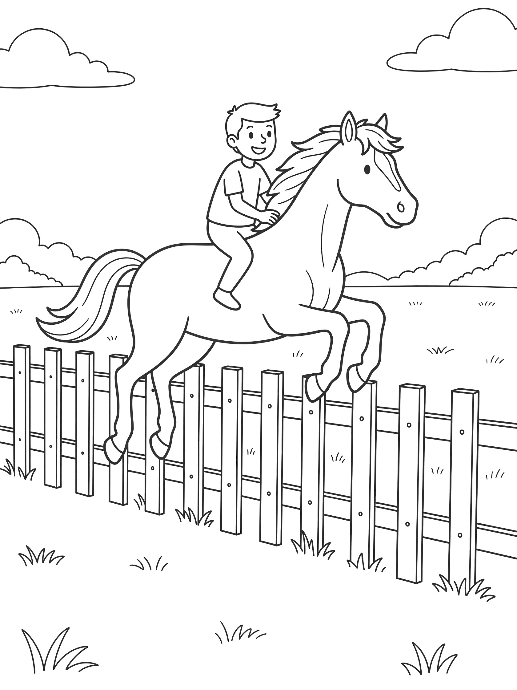 Black and white line art coloring page showing a cartoon horse with a boy rider jumping a vertical wooden fence, legs tucked, mane and tail flowing, in a field with clouds and grass.