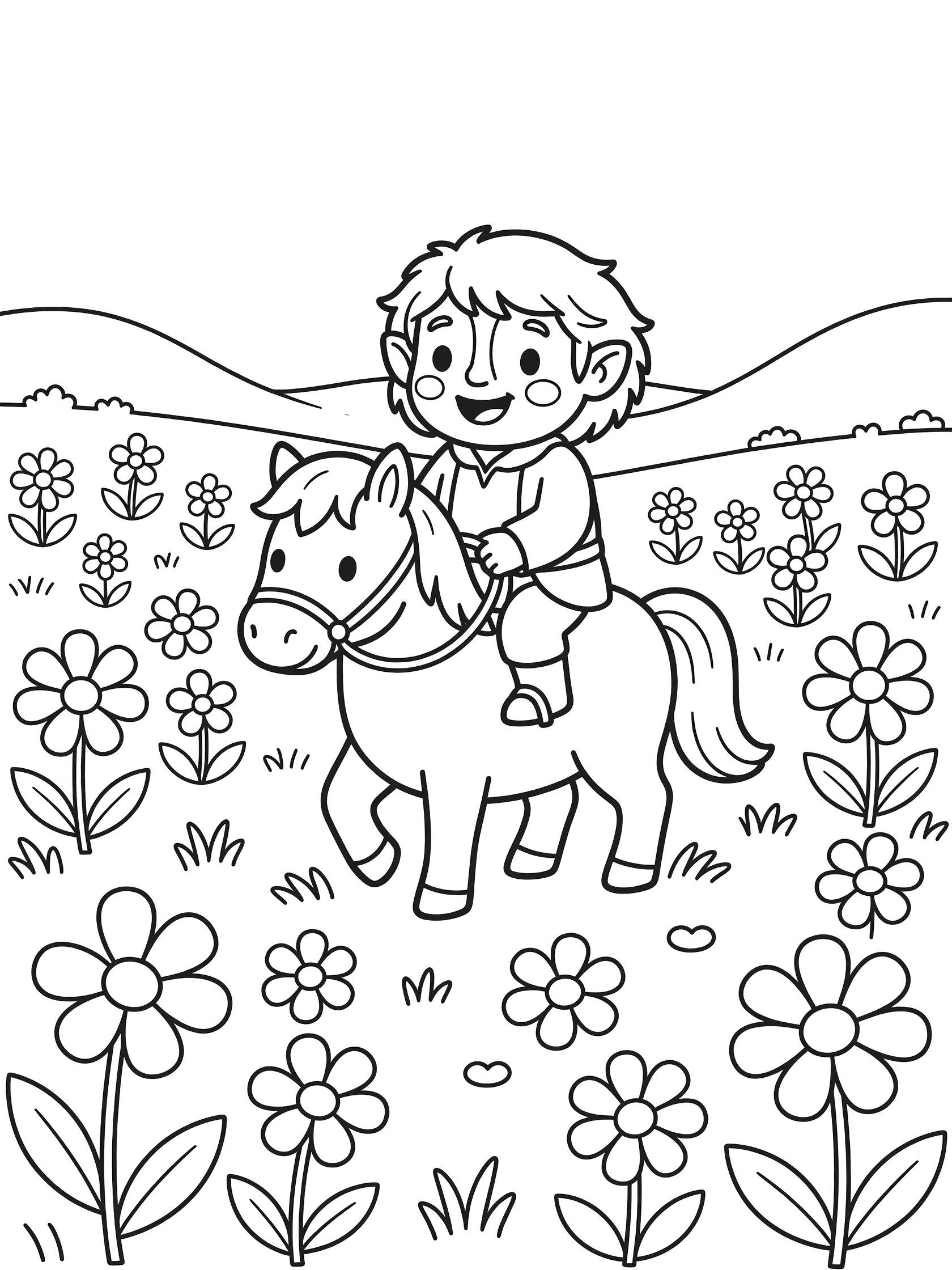 Black and white line art coloring page showing a smiling boy with pointy ears riding a chubby pony in a flower field with hills in the background. Hobbits themed black and white printable line art