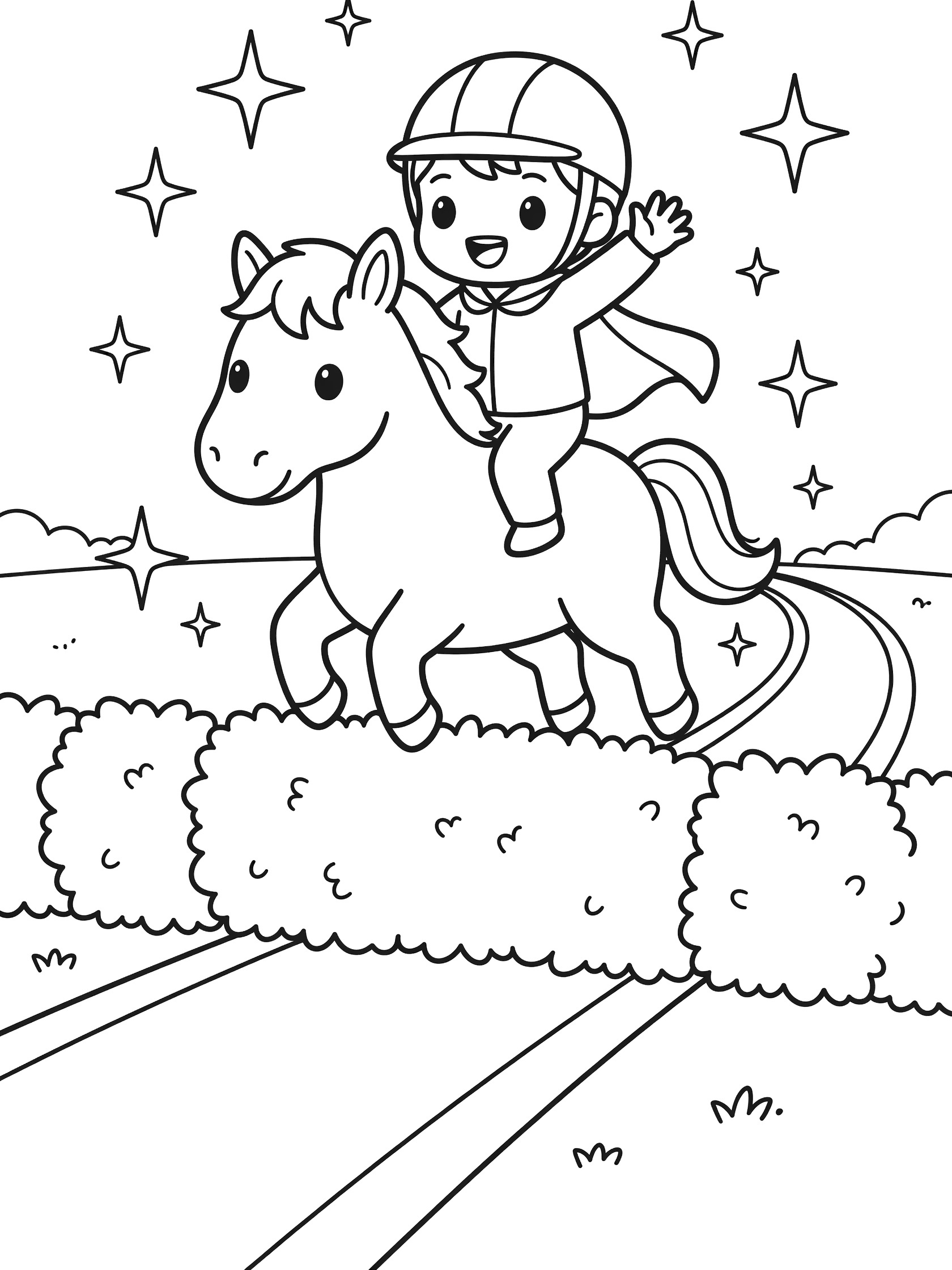 Cute chibi style coloring page with boy waving on pony jumping bushes, stars around, clean line art. Show Jumping themed black and white printable line art