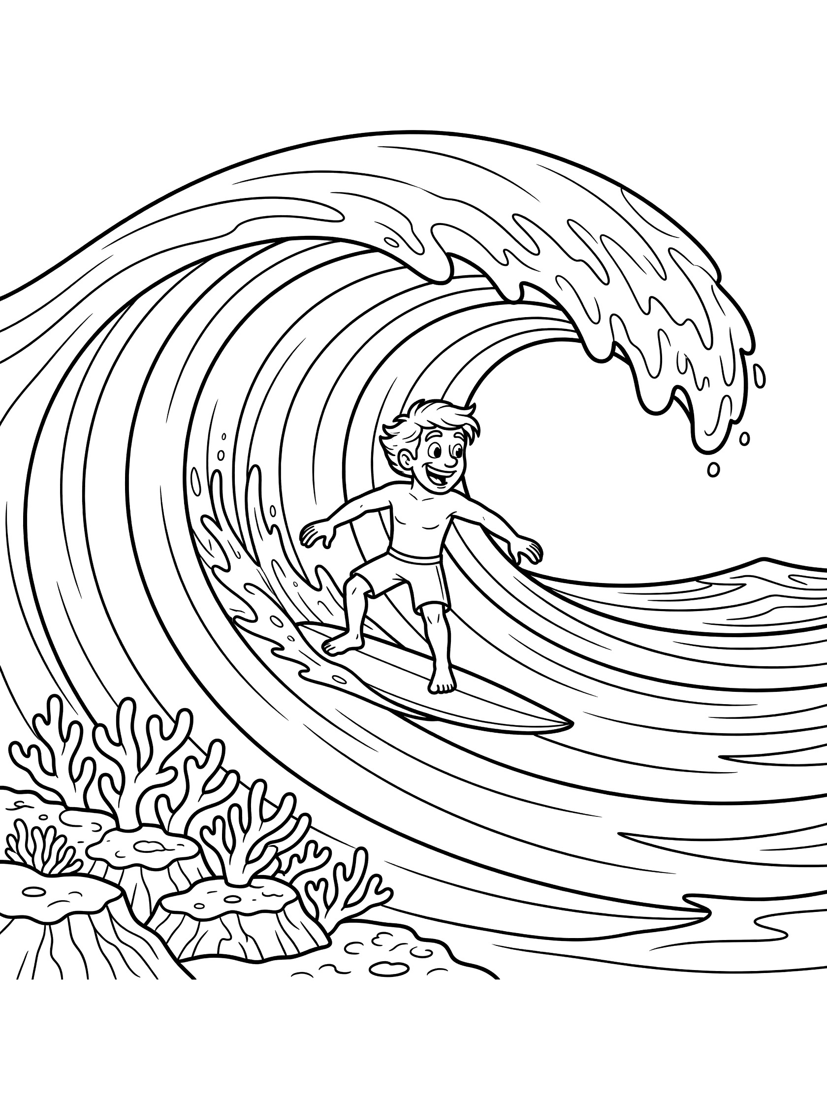 Black and white line art coloring page showing a cheerful boy on a surfboard riding inside a huge curling wave, with ocean reef at the base. Banzai Pipeline themed black and white printable line art
