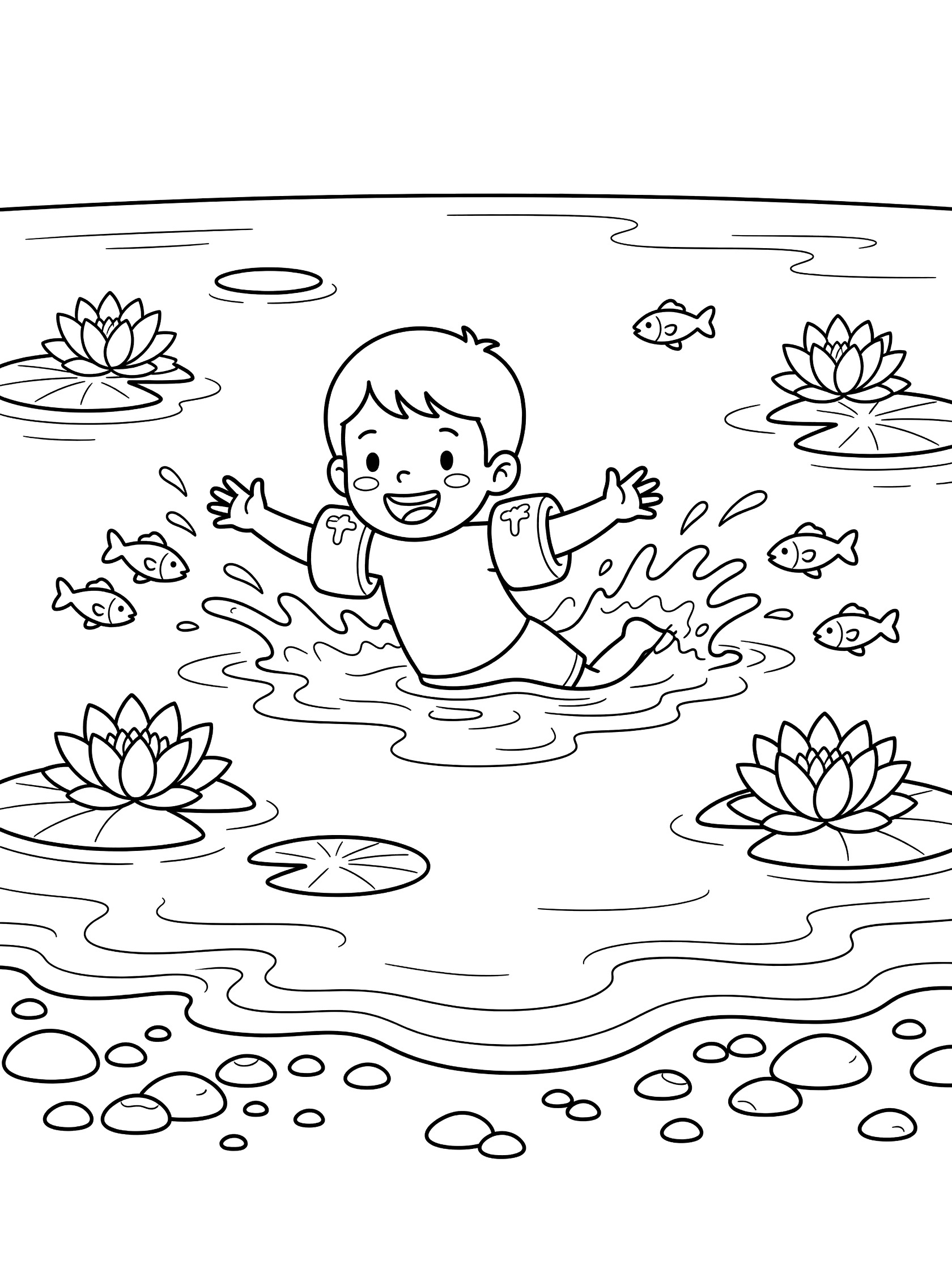 Printable coloring page showing a boy in swim floaties splashing water with arms out, fish swimming nearby, water lilies on surface, gentle waves and pebbles at shore. Lake Activities themed black and white printable line art