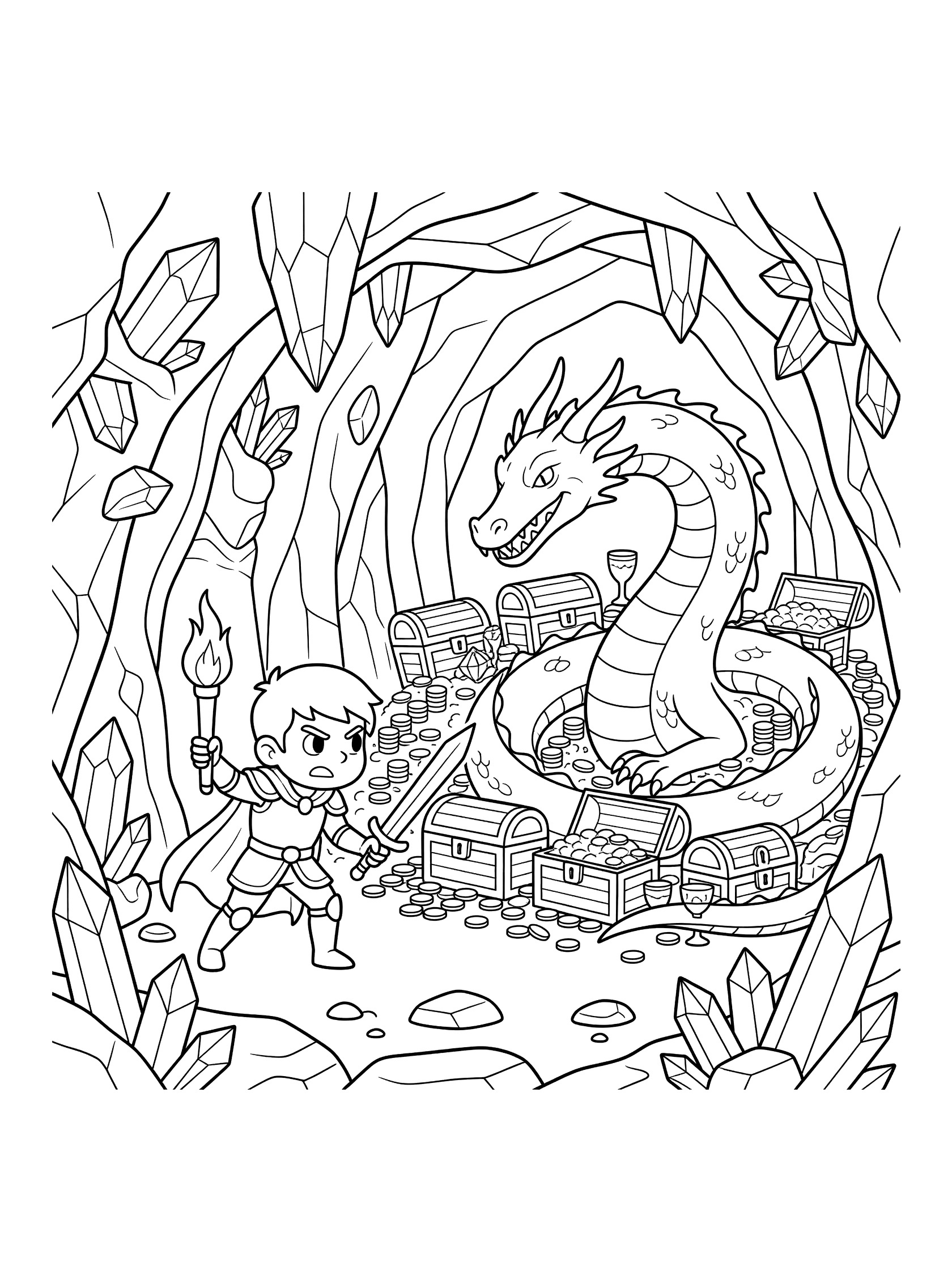 Black and white line art coloring page showing a boy holding a sword and lit torch, standing ready against a large coiled dragon with open mouth in a cave full of crystals and treasure chests.